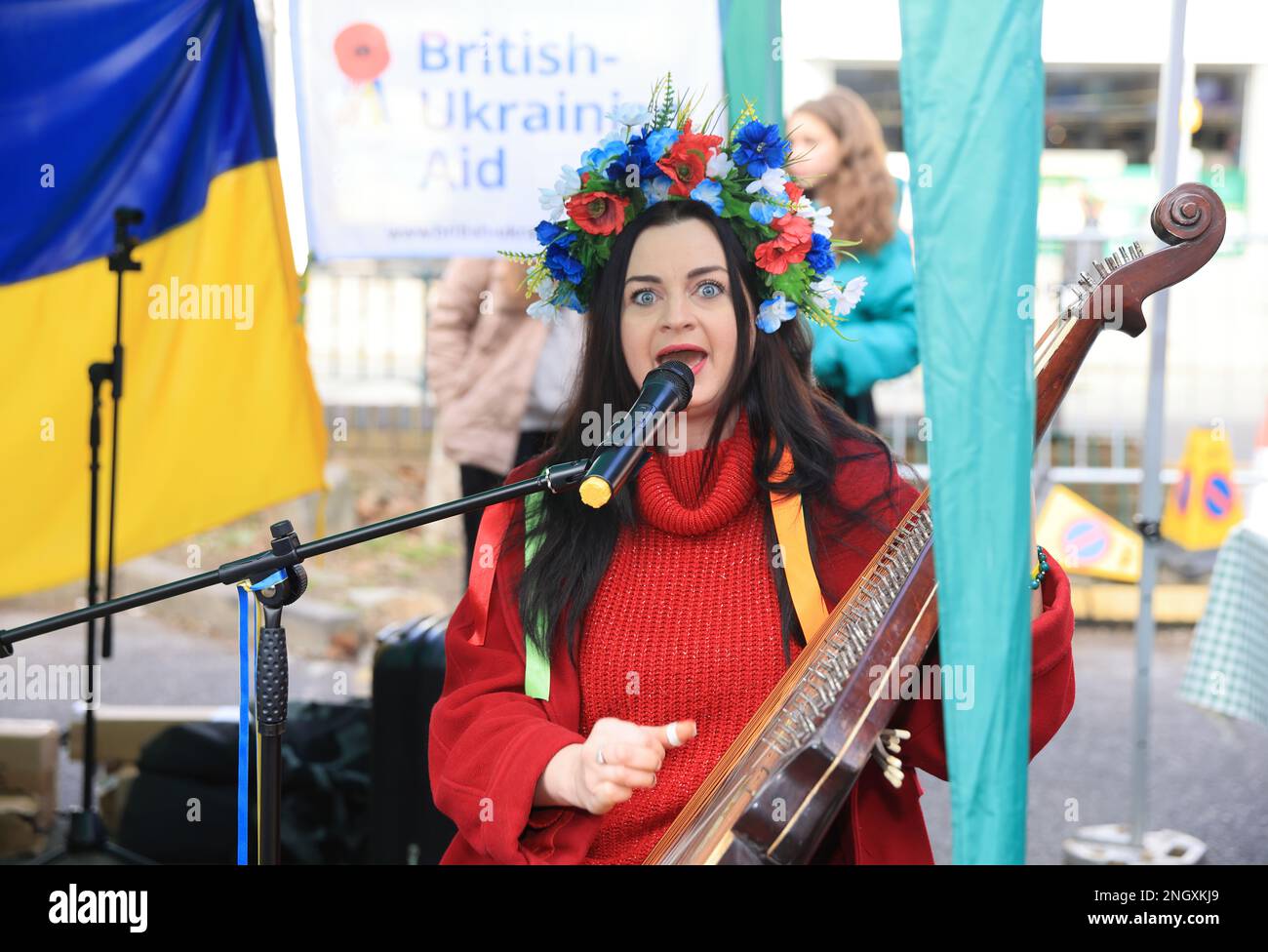 Chiswick monthly cheese market, this week with A Taste of Ukraine and Ukrainian music as the one year anniversary of the start of the Russian invasion approaches. Money was raised to support the ongoing crisis, supporting British-Ukrainan Aid and First Aid Ukraine, in west London, UK Stock Photo