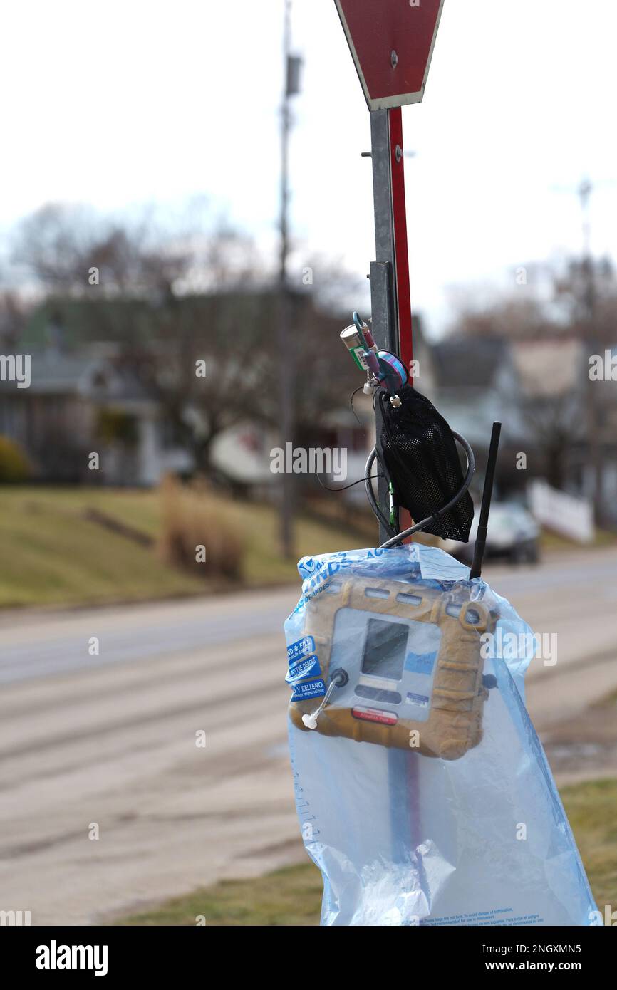 East Palestine, OH, USA. 19th Feb, 2023. An air quality meter seen