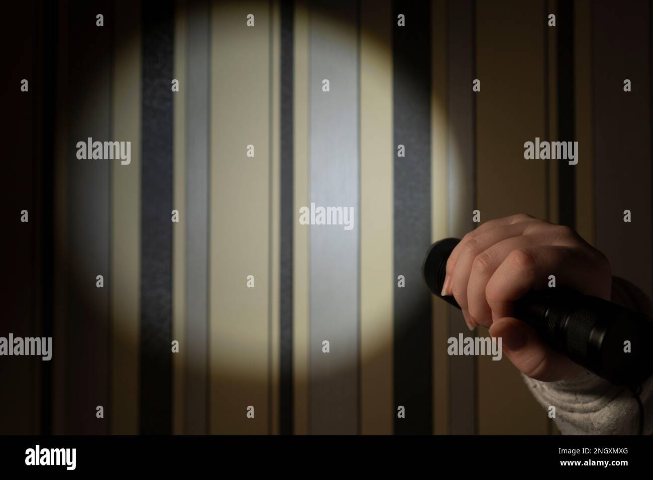 Human in a dark room holds a handheld flashlight. Light from the