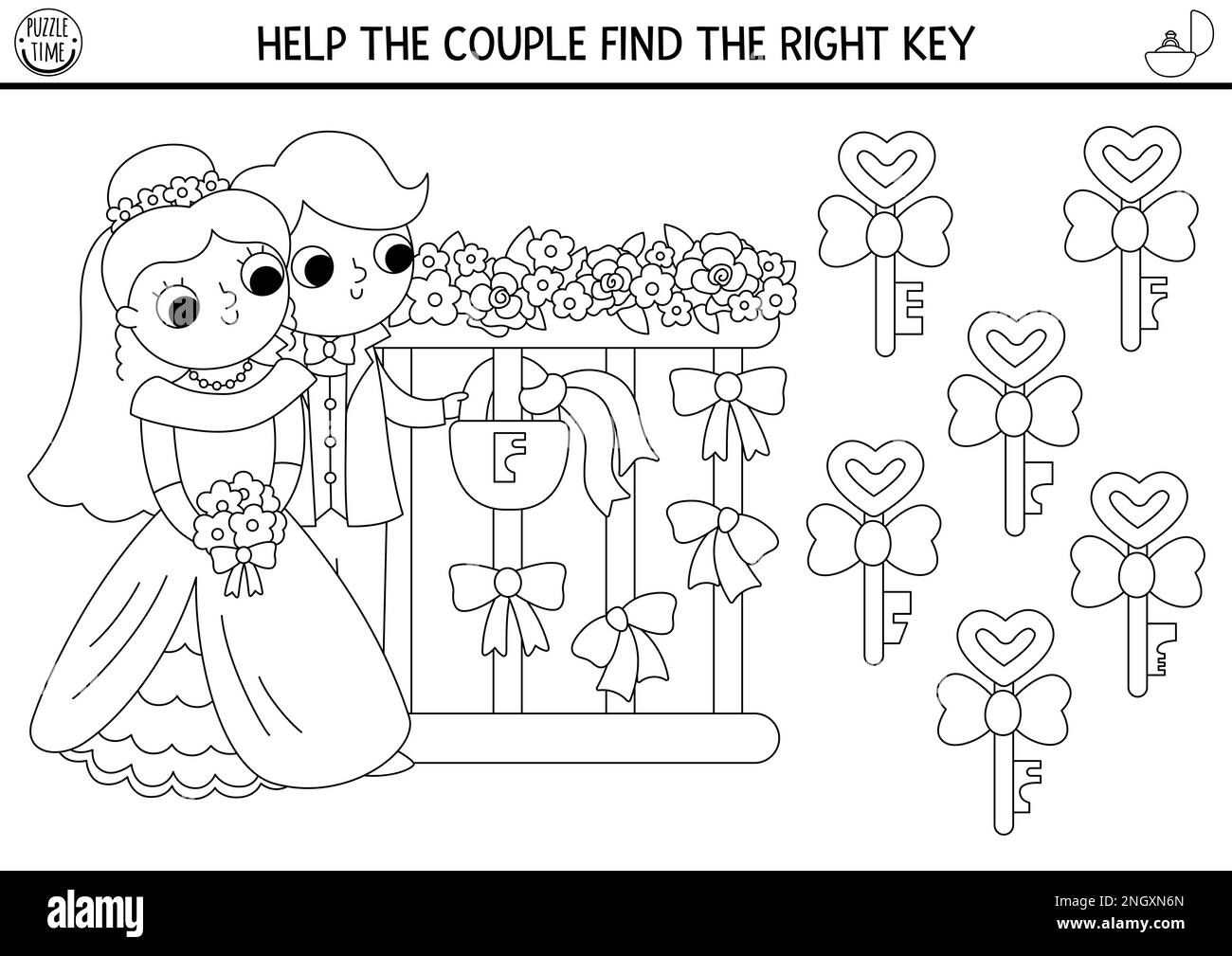 Find the right key for the lock. Wedding black and white matching activity for children. Marriage ceremony coloring page worksheet for kids. Printable Stock Vector