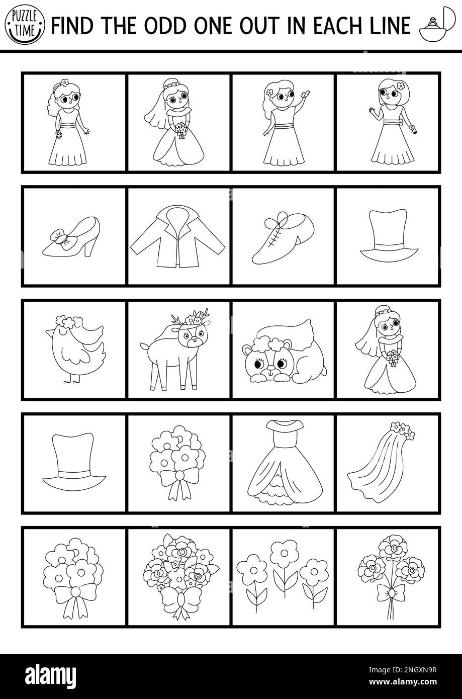 Find the odd one out. Wedding black and white logical activity for