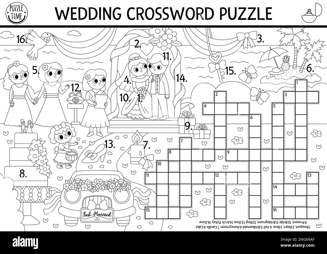 Vector Black And White Wedding Crossword Puzzle For Kids Simple Line 