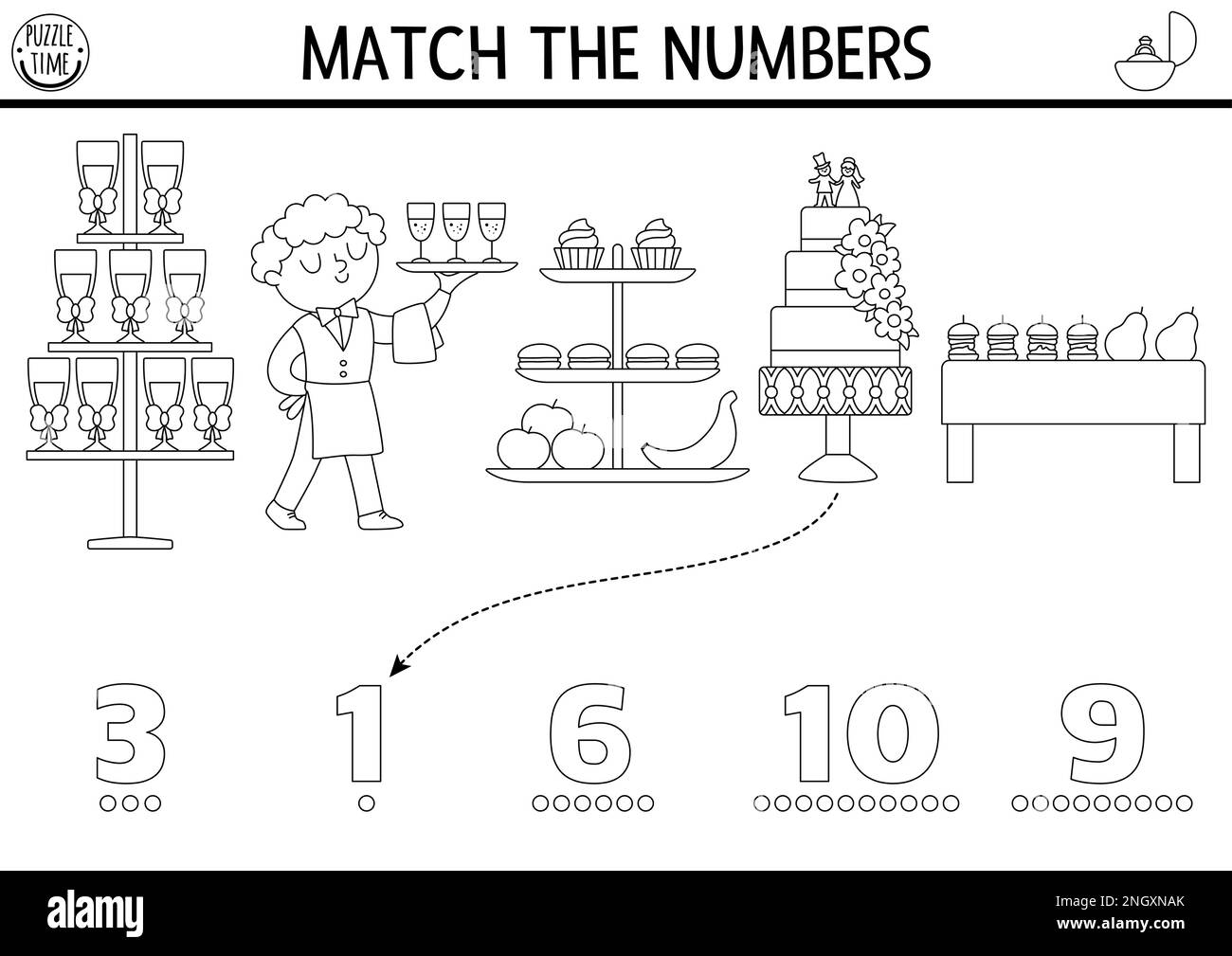 Match the numbers black and white wedding game with waiter and candy