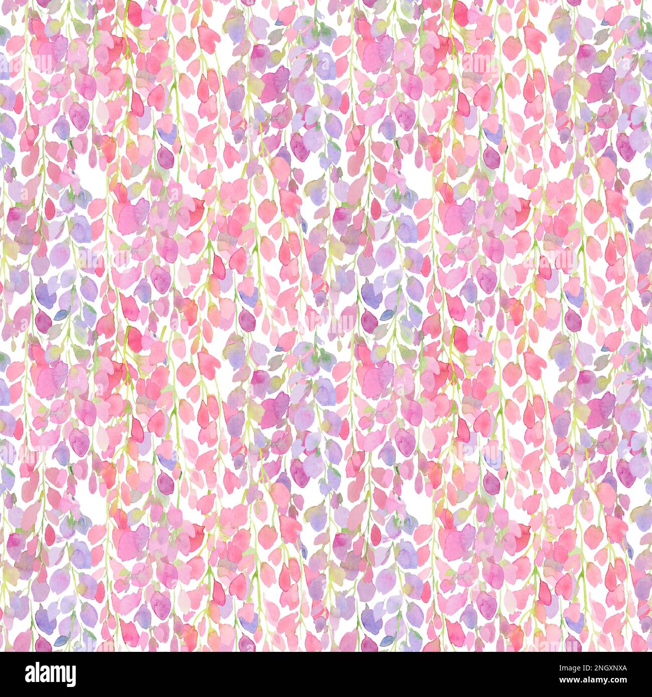 wisteria flowers pink seamless pattern, watercolor illustration. Drawing for printing on fabrics, packaging, paper Stock Photo