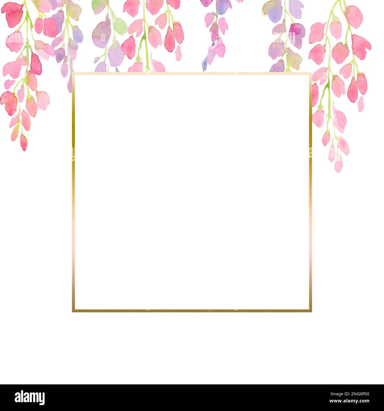 pink and purple wisteria frame,  branches and flowers, watercolor illustration.  design for print, greeting card, postcard, invitation, fashion fabric Stock Photo