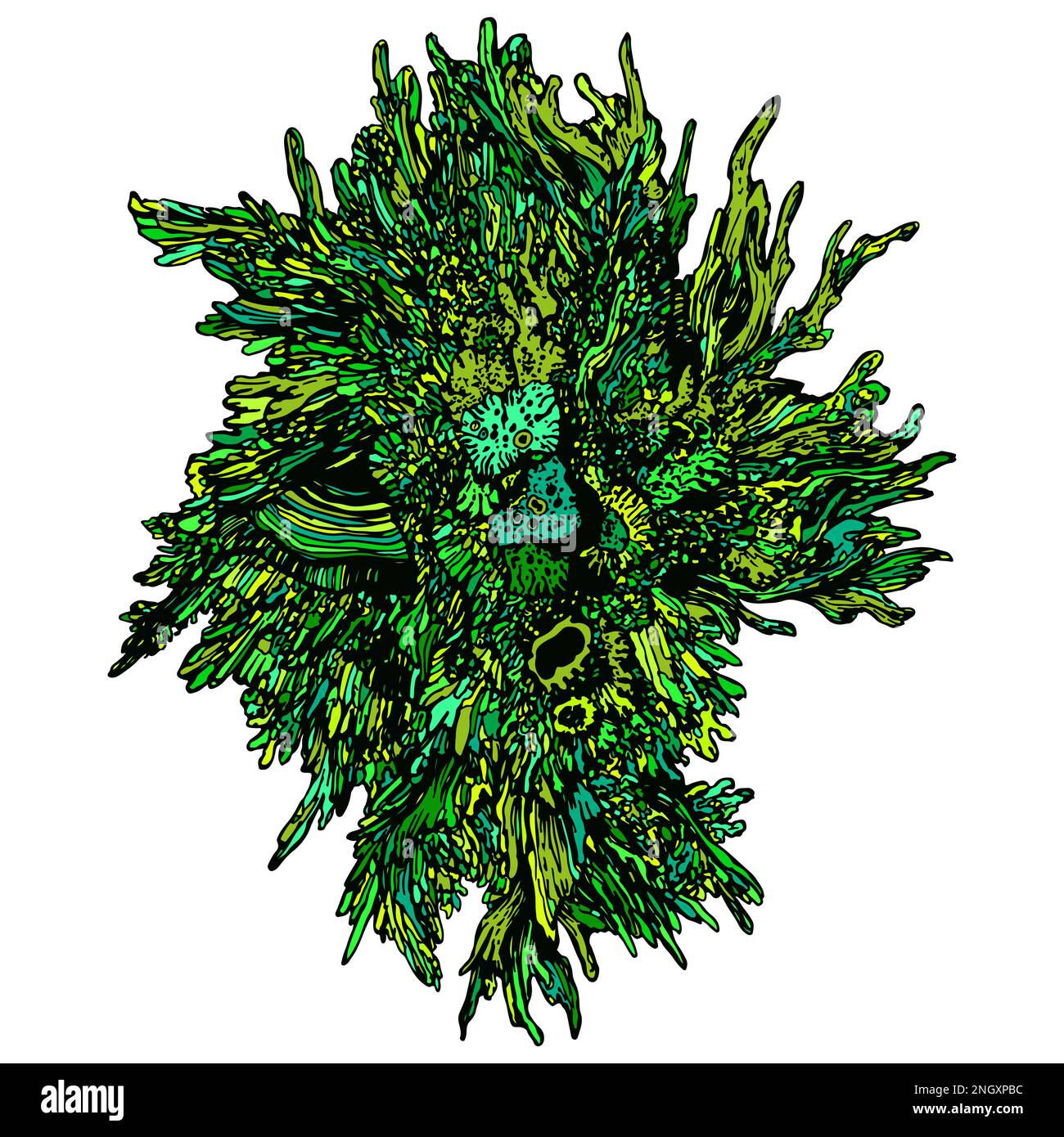 Green fresh forest moss realistic sketch with tree bark, tree fungus