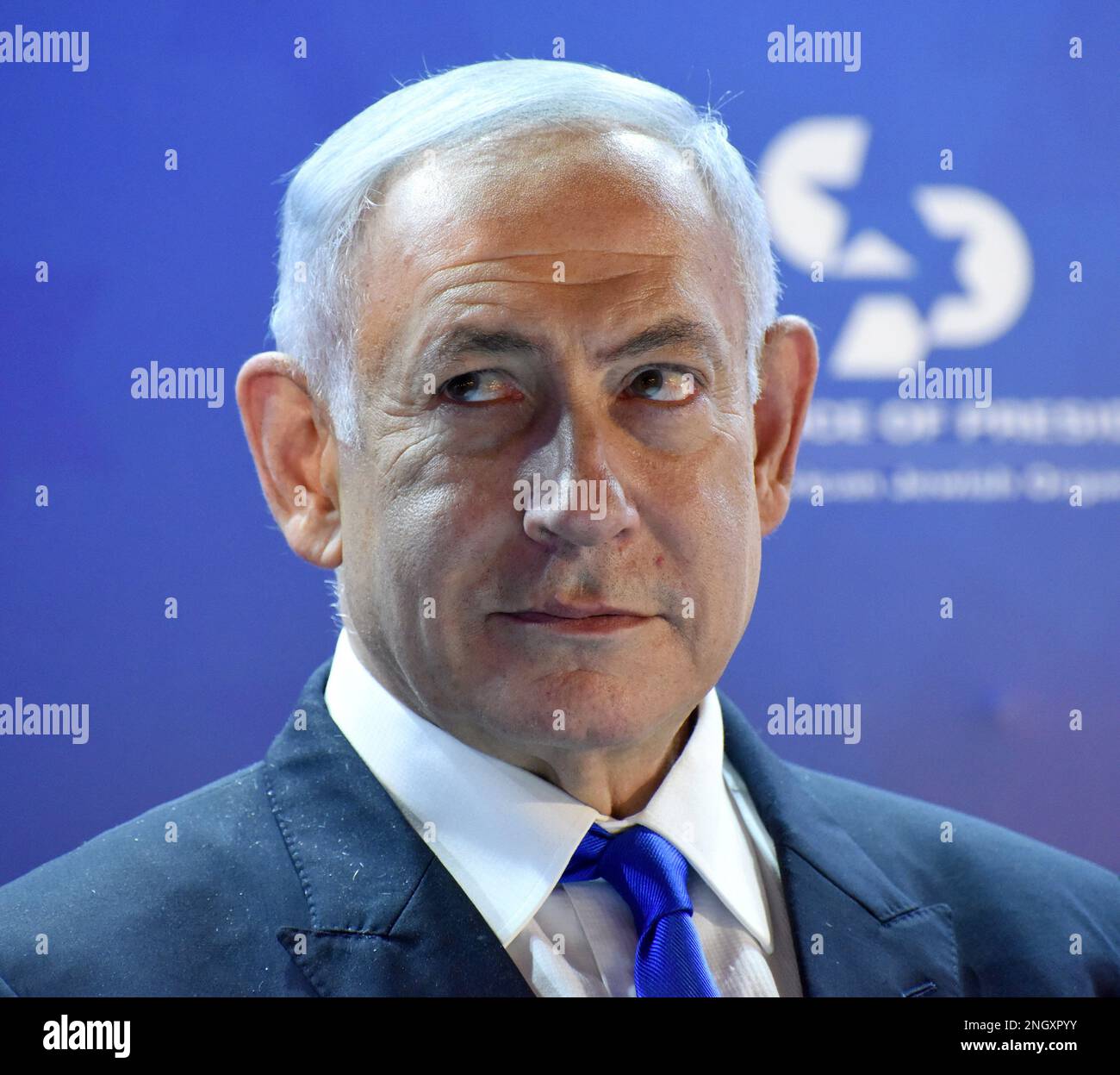 Jerusalem, Israel. 03rd Jan, 2014. Israeli Prime Minister Benjamin Netanyahu speaks at the Conference of Presidents of Major American Jewish Organizations in Jerusalem, on Sunday, February 19, 2023. Photo by Debbie Hill/ Credit: UPI/Alamy Live News Stock Photo