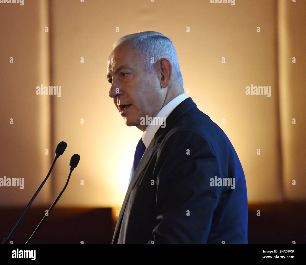 Jerusalem, Israel. 03rd Jan, 2014. Israeli Prime Minister Benjamin Netanyahu speaks at the Conference of Presidents of Major American Jewish Organizations in Jerusalem, on Sunday, February 19, 2023. Photo by Debbie Hill/ Credit: UPI/Alamy Live News Stock Photo