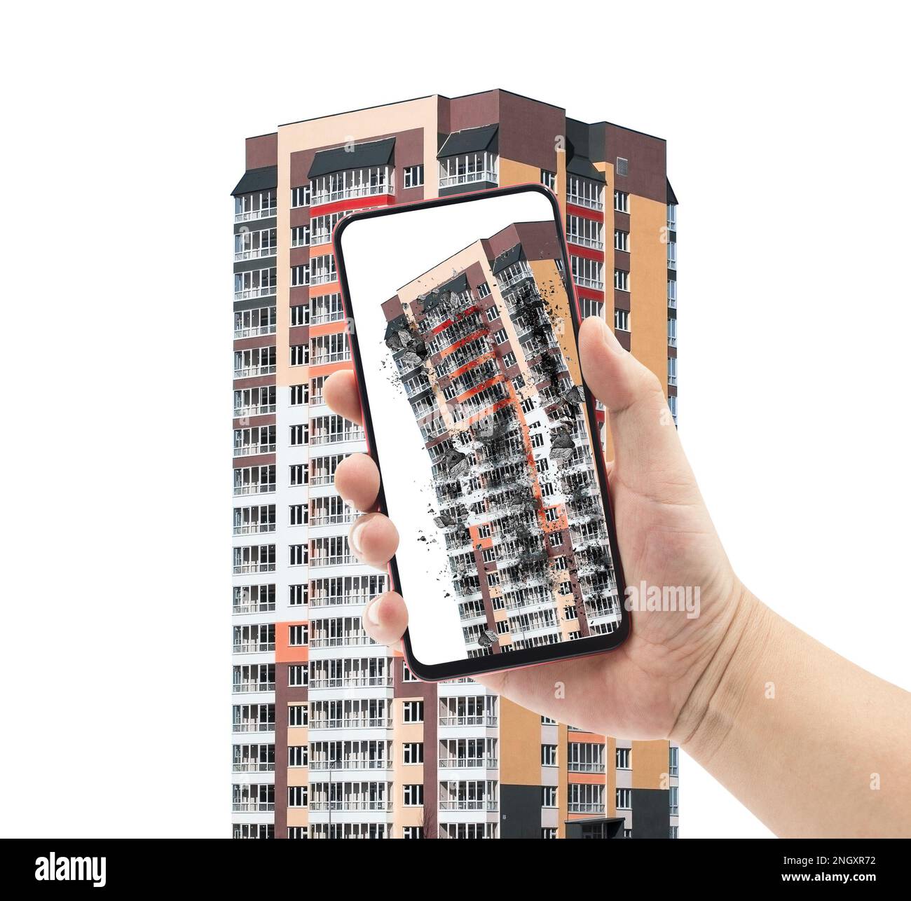Earthquake. Disinformation. Fake news on social media. Photographing before and after the earthquake. Destroyed building. Hand holding mobile phone. Stock Photo