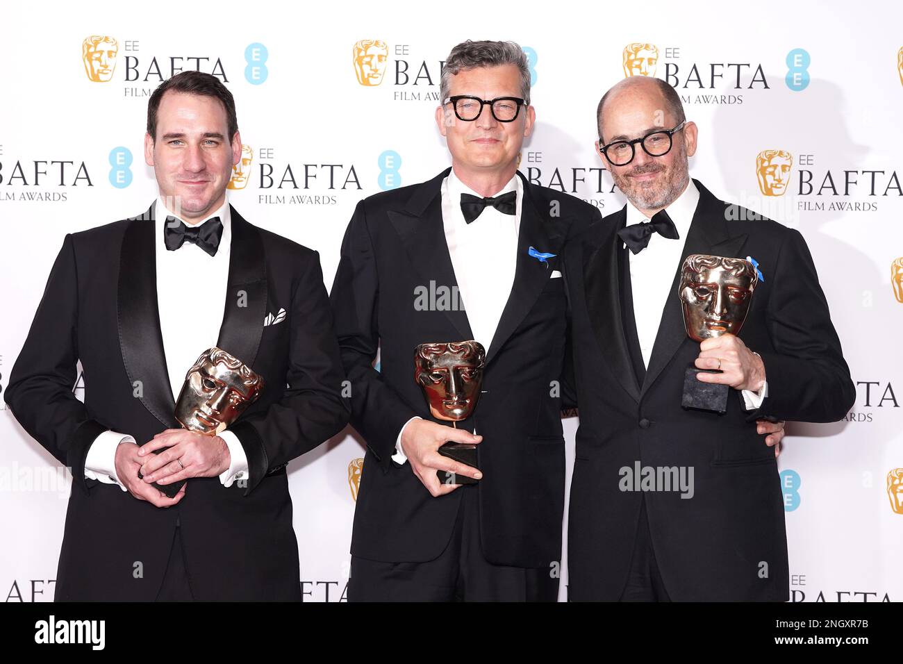 James Friend (left) poses with the award for Cinematography & Malte Grunert and Edward Berger (right) pose for the award for Film Not In The English Language for All Quiet on the Western Front in the press room at the 76th British Academy Film Awards held at the Southbank Centre's Royal Festival Hall in London. Picture date: Sunday February 19, 2023. Stock Photo