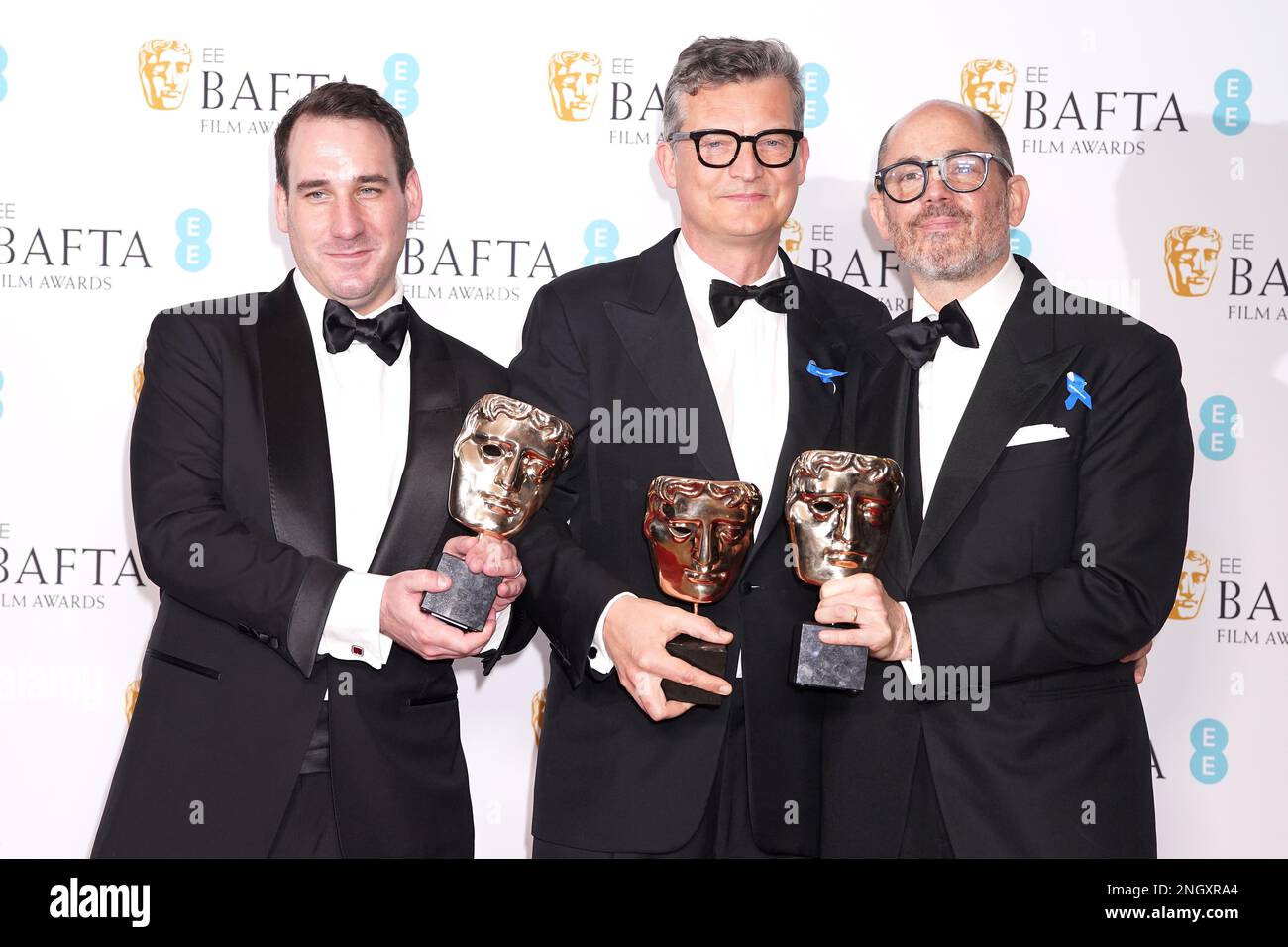 James Friend (left) poses with the award for Cinematography & Malte Grunert and Edward Berger (right) pose for the award for Film Not In The English Language for All Quiet on the Western Front in the press room at the 76th British Academy Film Awards held at the Southbank Centre's Royal Festival Hall in London. Picture date: Sunday February 19, 2023. Stock Photo