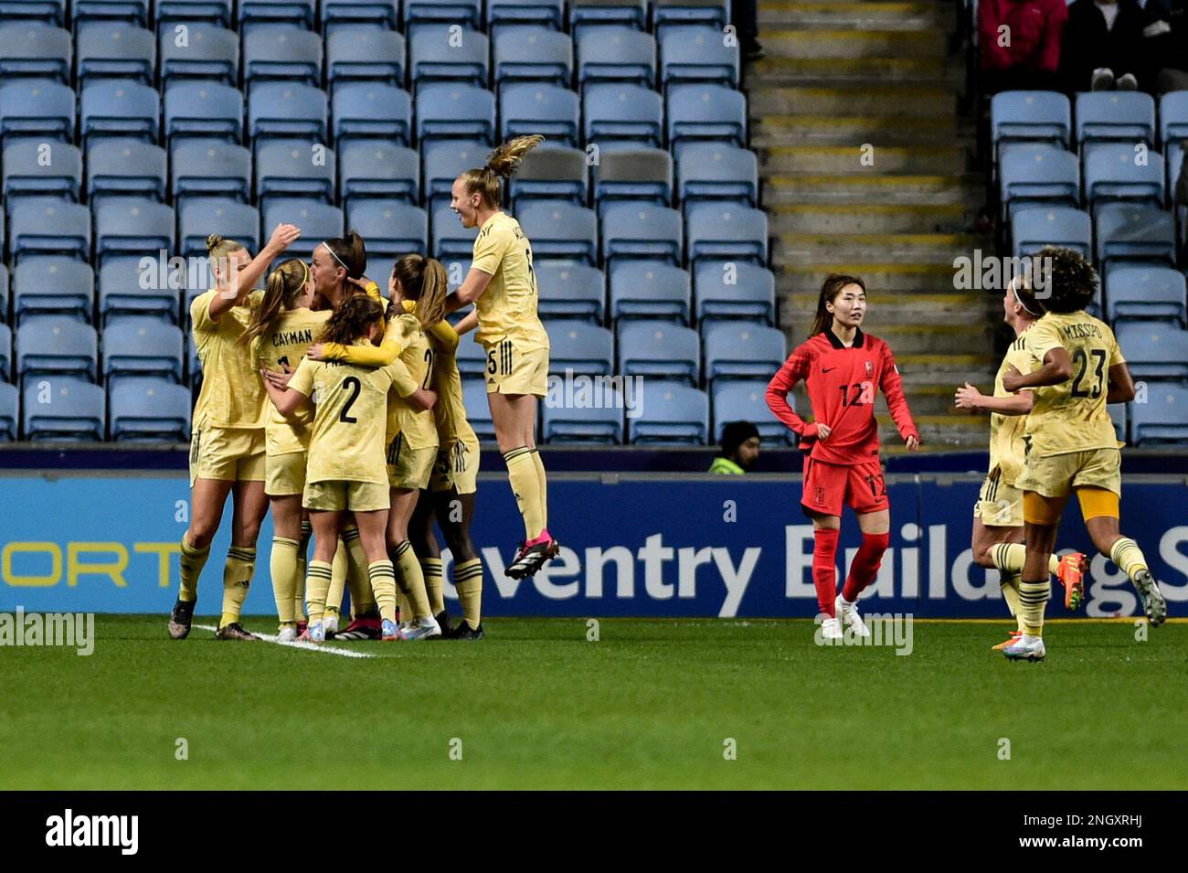 CBS Arena, Coventry, UK. 19th Feb, 2023. Arnold Clark Cup Football, Belgium versus Korea Republic; The Belgian team celebrate their second goal to take the lead 2-1 Credit: Action Plus Sports/Alamy Live News Stock Photo