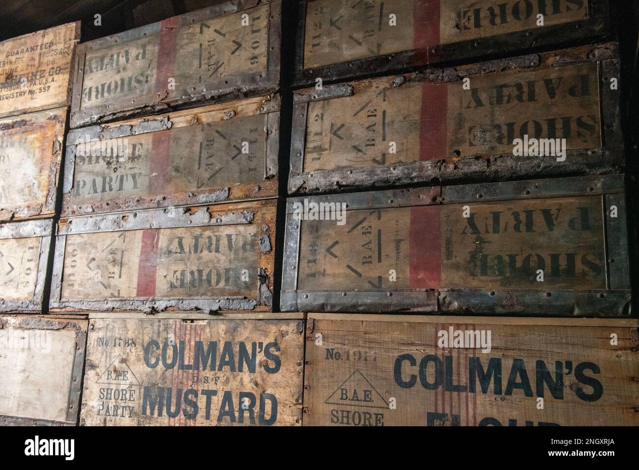 Antarctica, Ross Sea, Ross Island, Cape Evans. Inside historic Scott's Hut. Wall made of old