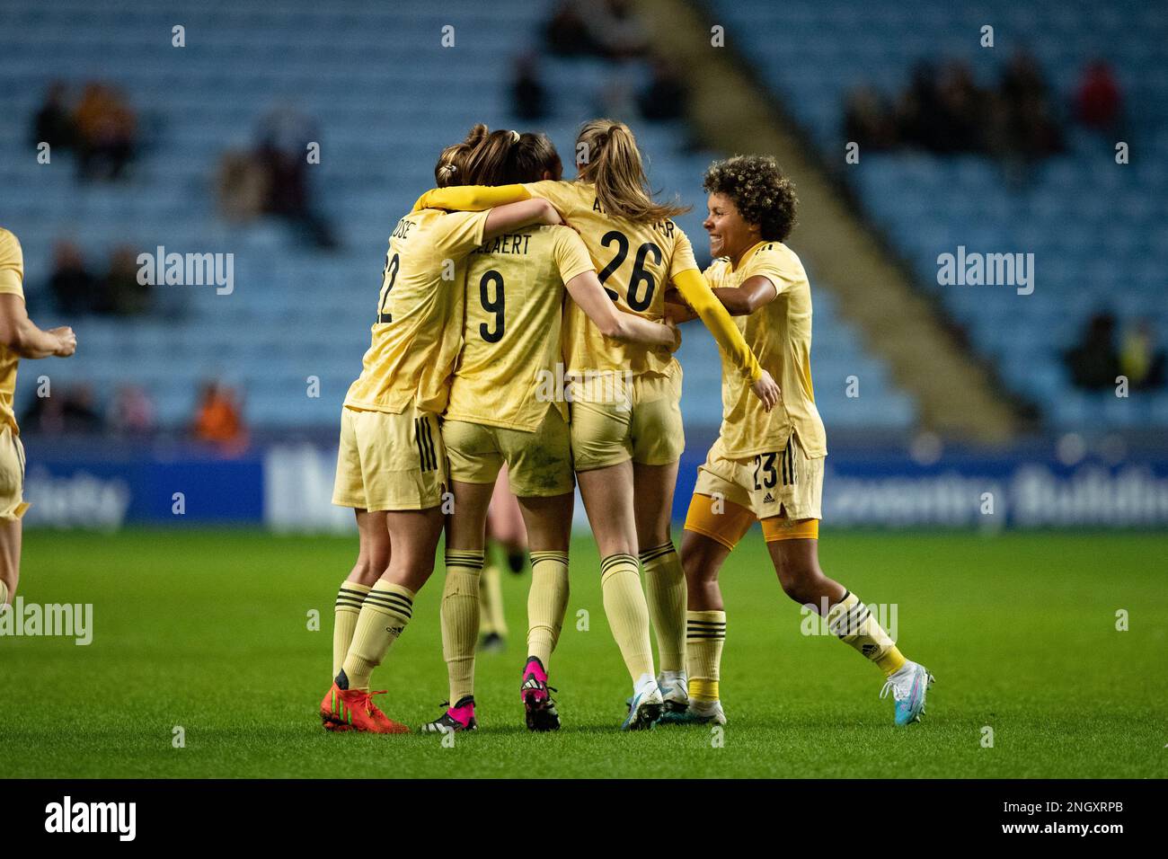 Coventry, UK. 19th February 2023Tessa Wullaert of Belgium (9) and teammates celebrate scoring their side's first goal of the game during the Arnold Clark Cup match between Belgium and South Korea at the Coventry Building Society Arena, Coventry on Sunday 19th February 2023. (Photo: Gustavo Pantano | MI News) Credit: MI News & Sport /Alamy Live News Stock Photo