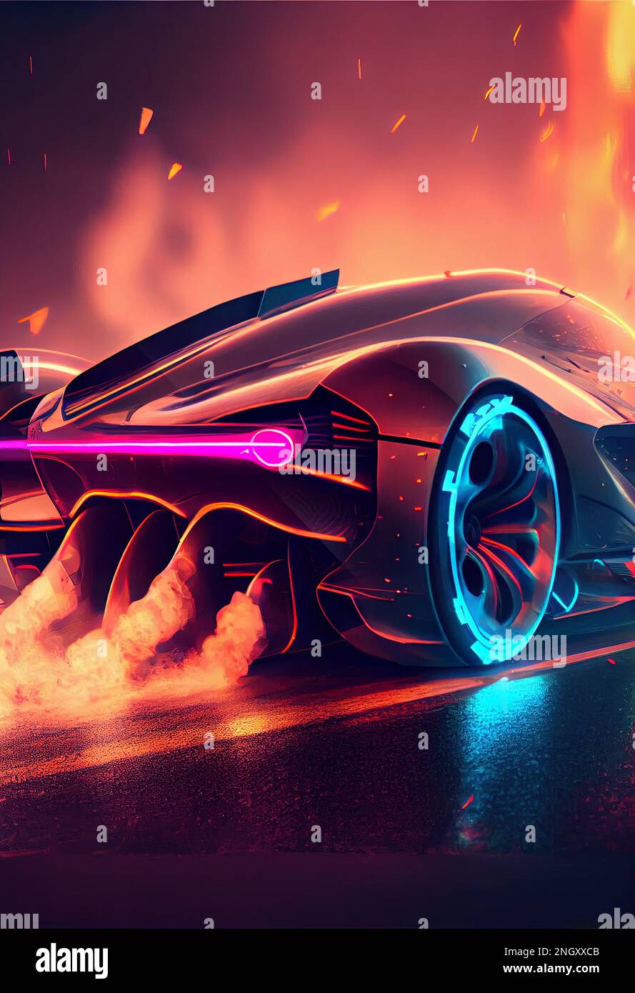 Futuristic sport car, non existent design, car race, defocused city in