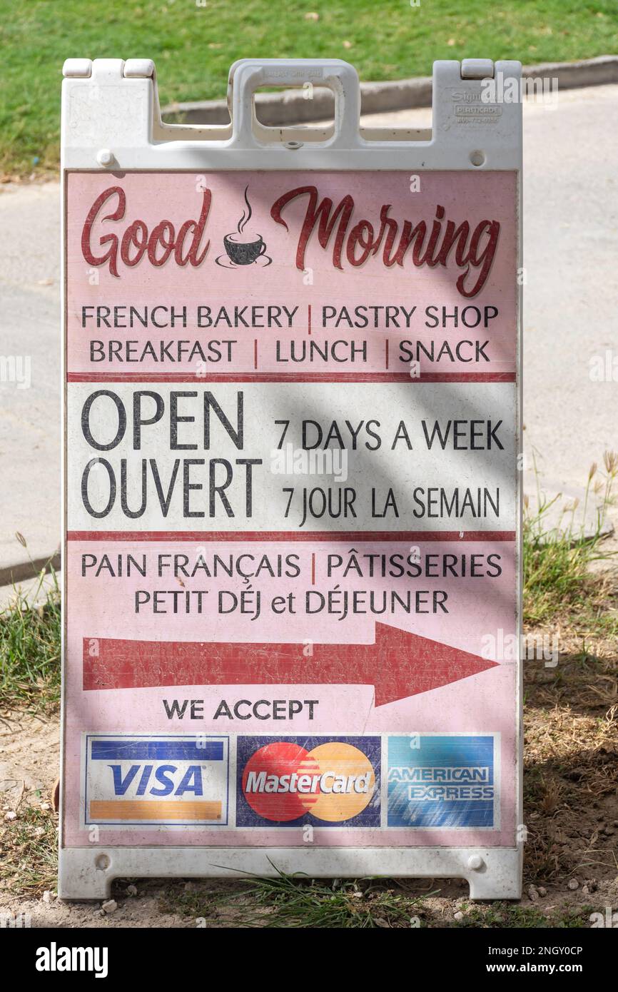 French bakery sign, Orient Bay (Baie Orientale), St Martin (Saint-Martin), Lesser Antilles, Caribbean Stock Photo
