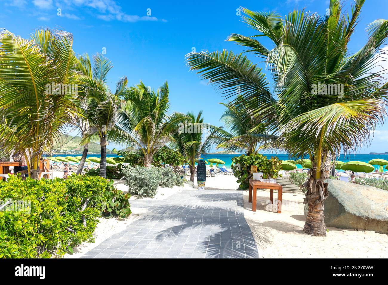 Entrance to Bikini Beach, Orient Bay (Baie Orientale), St Martin (Saint-Martin), Lesser Antilles, Caribbean Stock Photo