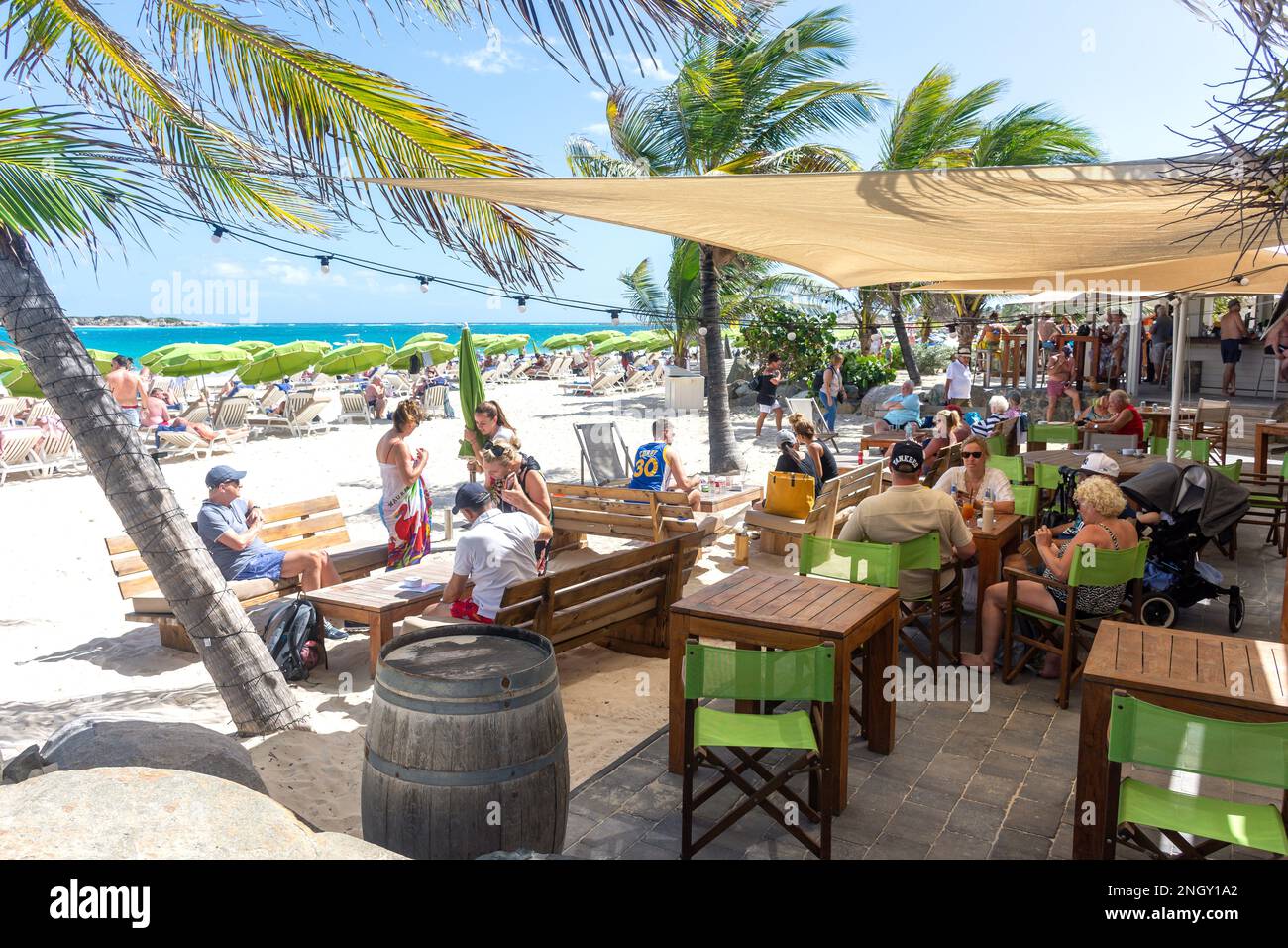 Outdoor restaurant, Bikini Beach, Orient Bay (Baie Orientale), St Martin (Saint-Martin), Lesser Antilles, Caribbean Stock Photo