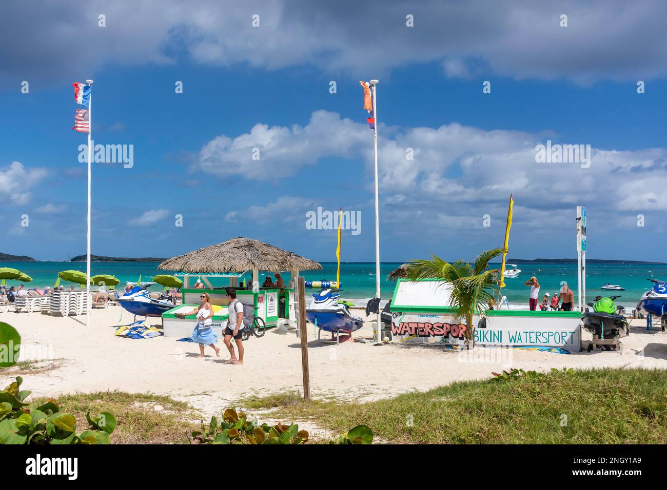 Jet-ski hire centre, Bikini Beach. Orient Bay(Baie Orientale), St Martin (Saint-Martin), Lesser Antilles, Caribbean Stock Photo