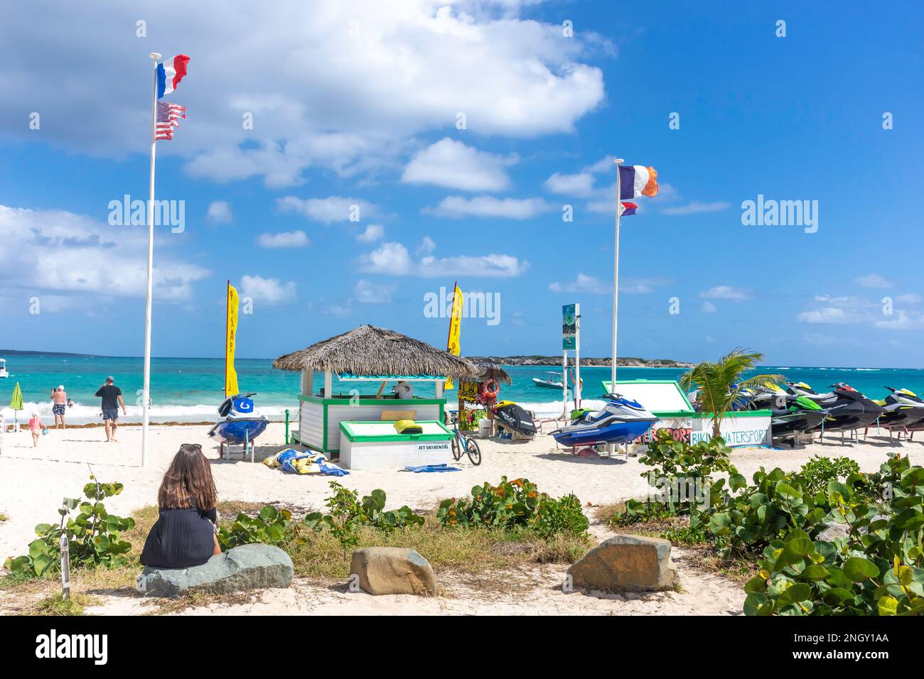 Jet-ski hire centre, Bikini Beach. Orient Bay(Baie Orientale), St Martin (Saint-Martin), Lesser Antilles, Caribbean Stock Photo