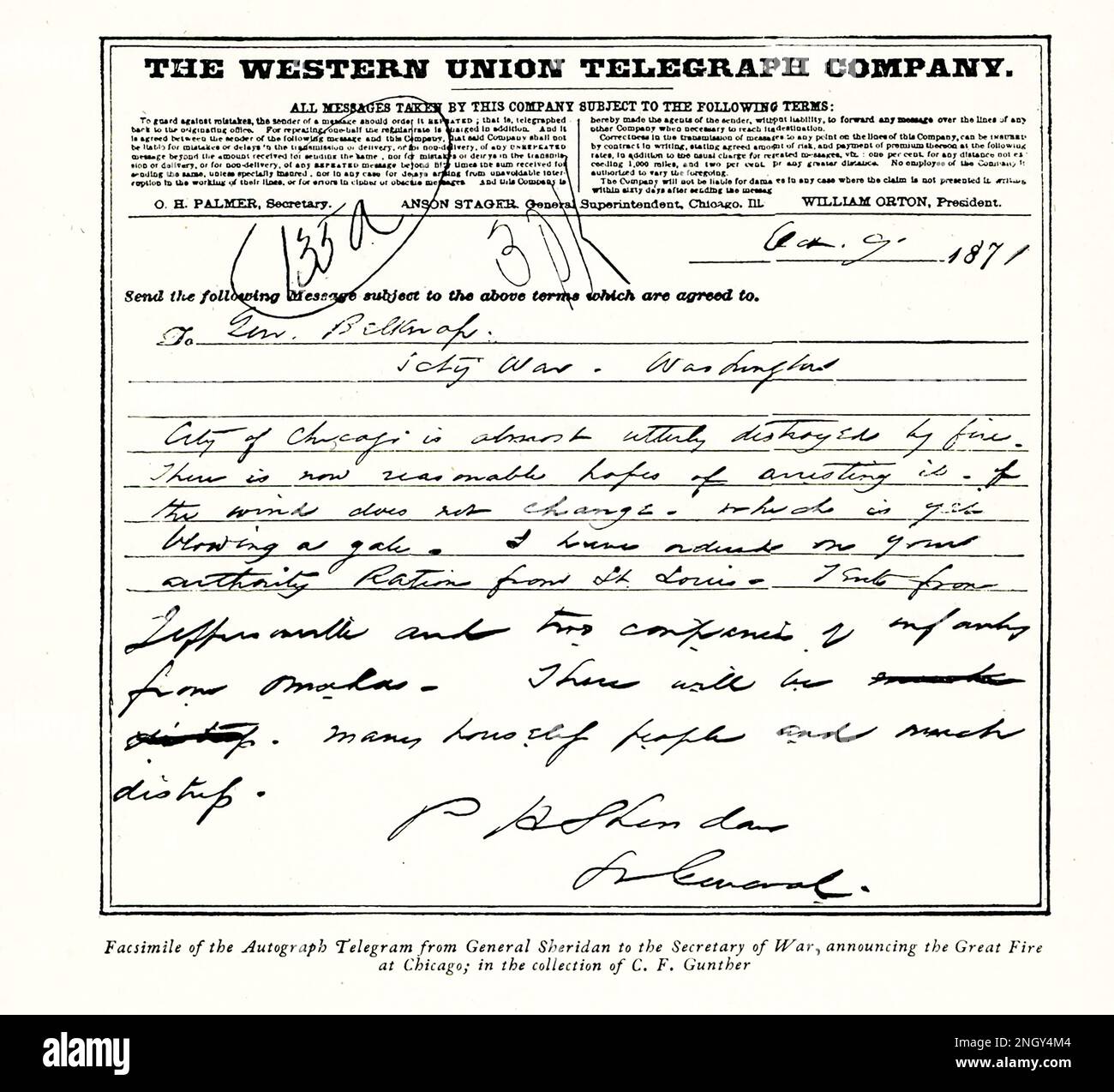 The 1896 caption reads: 'Facsimile of the Autograph Telegram from General Sheridan to Secretary of War announcing the Great Fire at Chicago—in collection of CF Gunther.” The Great Chicago Fire was a conflagration that burned in the American city of Chicago during October 8–10, 1871. Stock Photo