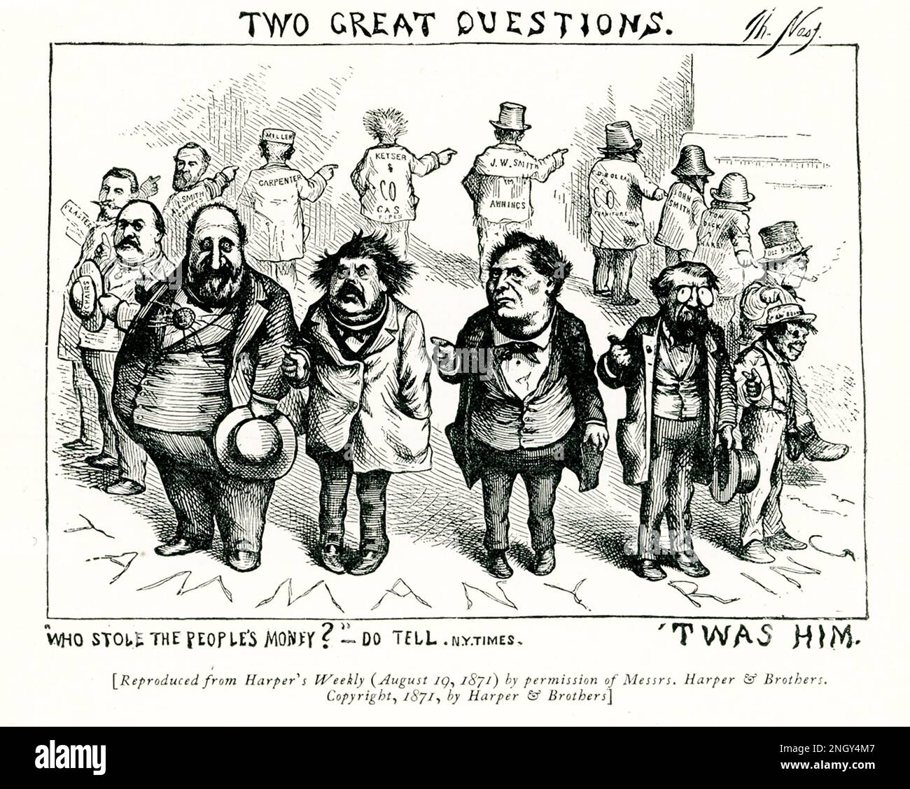 The caption for this illustration reads: Two Great Questions  "Who Stole the People's Money? Do tell - NY Times. 'Twas Him.  reproduced from harper's Weekly [August 19, 1871] by permission of Messrs. harper & brothers. Copyright 1871, by Harper & Brothers." Tweed's Ring essentially controlled New York City until 1870, using embezzlement, bribery, and kickbacks to siphon massive chunks of New York's budget into their own pockets — anywhere from $40 million to $200 million (or $1.5 billion to $9 billion in 2009 dollars). Stock Photo