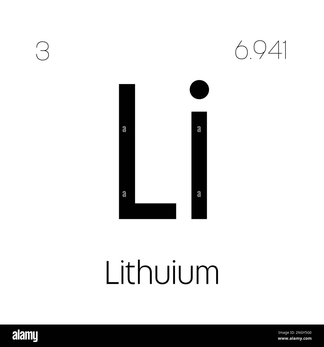 Lithium, Li, periodic table element with name, symbol, atomic number and weight. Alkali metal with various industrial uses, such as in batteries, ceramics, and as a medication for bipolar disorder. Stock Vector