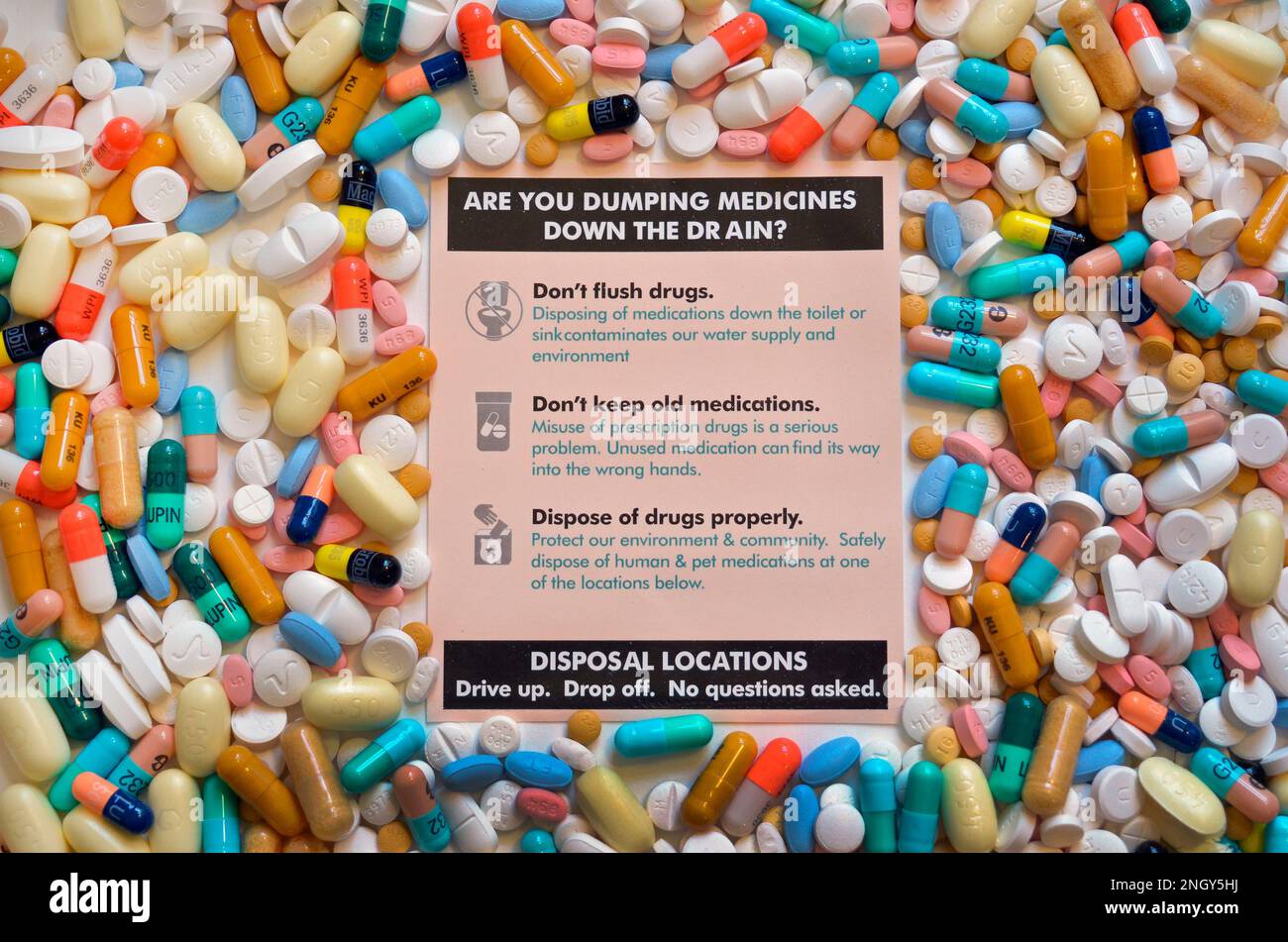 A notice in a pharmacy in Florida, USA, cautions against disposing old or unneeded prescription medications in a toilet or sink because of harm the dissolved drugs will cause to the water supply and environment. It lists locations of local law enforcement agencies where the unwanted or out-of-date pills can be dropped off anonymously for safe disposal without any questions or fees. This also helps prevent harm to children and other family members by safely eliminating unused or expired prescription and over-the-counter medicine from the household. Stock Photo