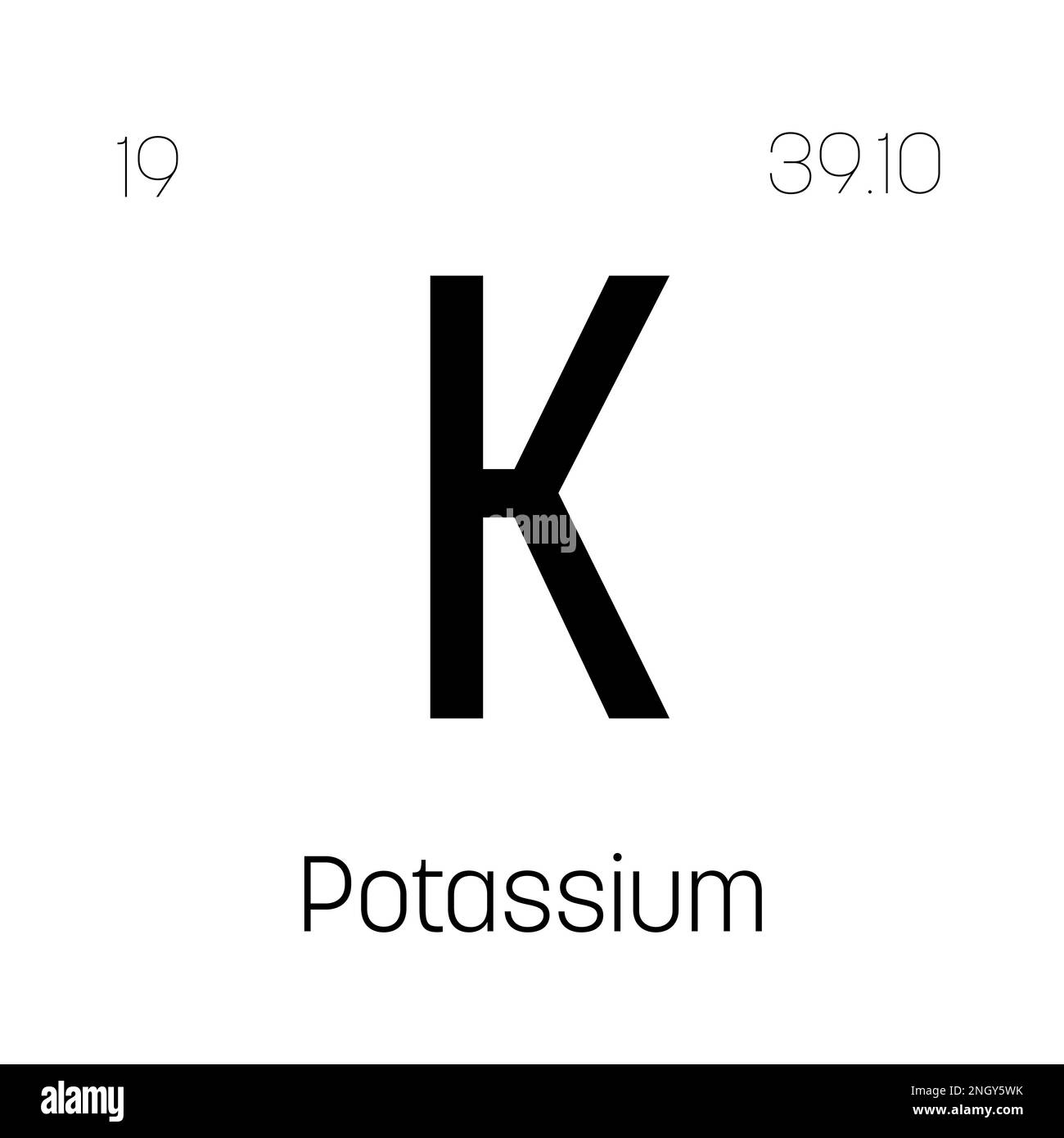 Potassium, K, periodic table element with name, symbol, atomic number and weight. Alkali metal with various industrial uses, such as in fertilizer, soap, and as a medication for certain medical conditions. Stock Vector