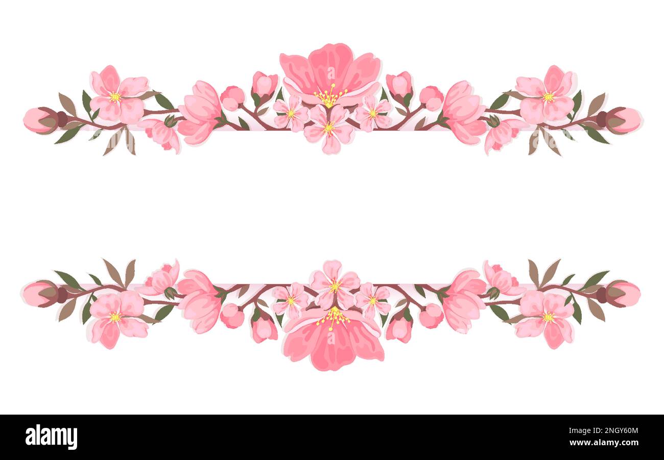 Cherry blossom horizontal banner frame sakura flower flat. Floral ...