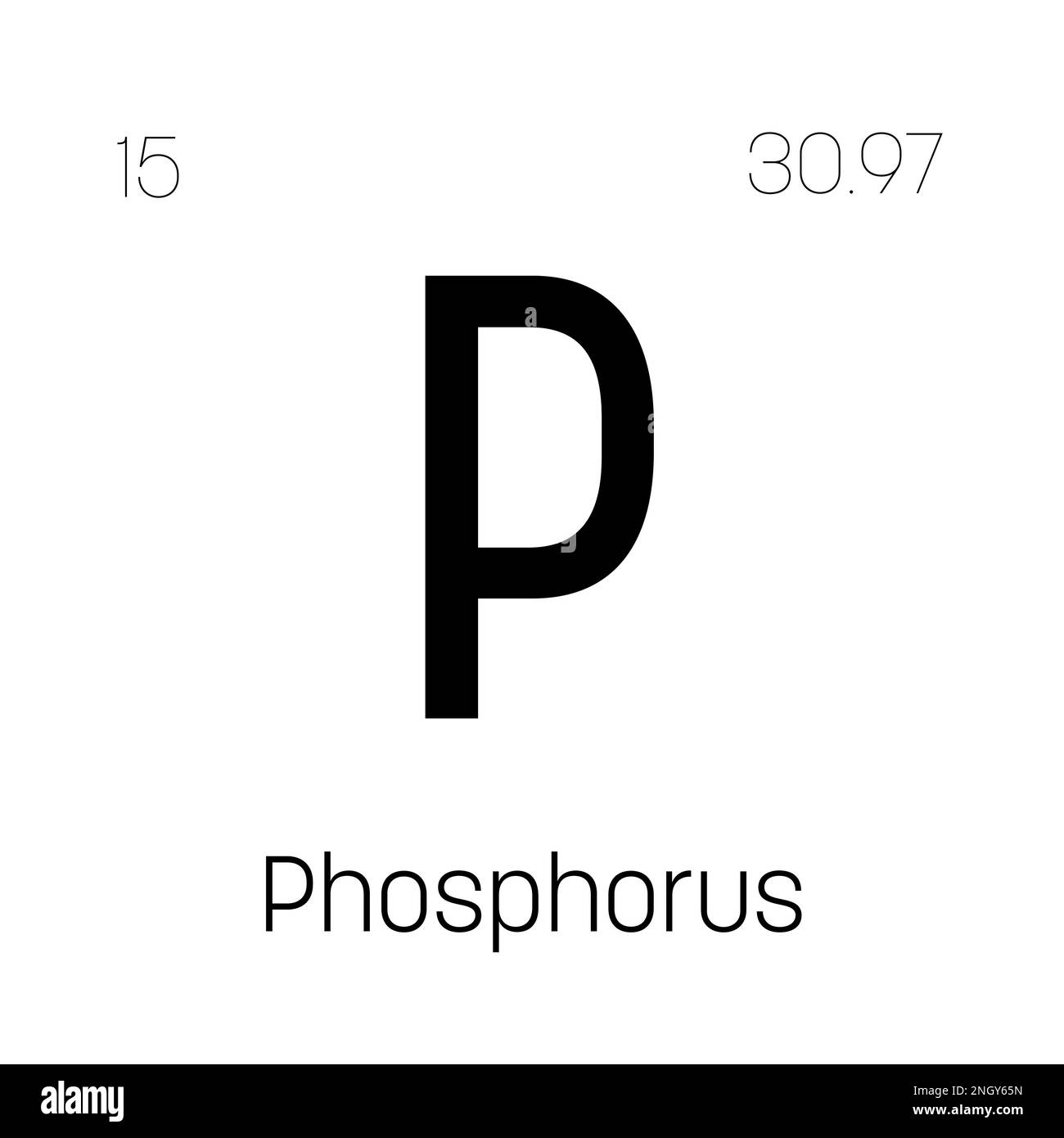 Phosphorus, P, periodic table element with name, symbol, atomic number and weight. Non-metal with various industrial uses, such as in fertilizer, detergents, and as a component of certain types of explosives. Stock Vector