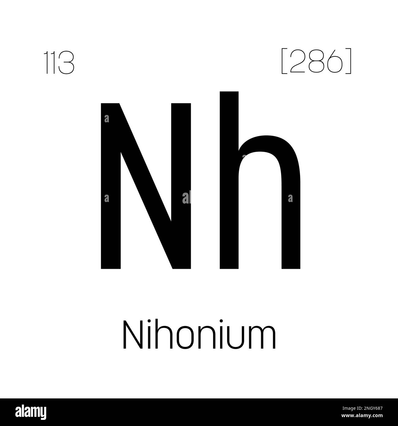Nihonium, Nh, periodic table element with name, symbol, atomic number and weight. Synthetic element with very short half-life, created through nuclear reactions in a laboratory. Stock Vector