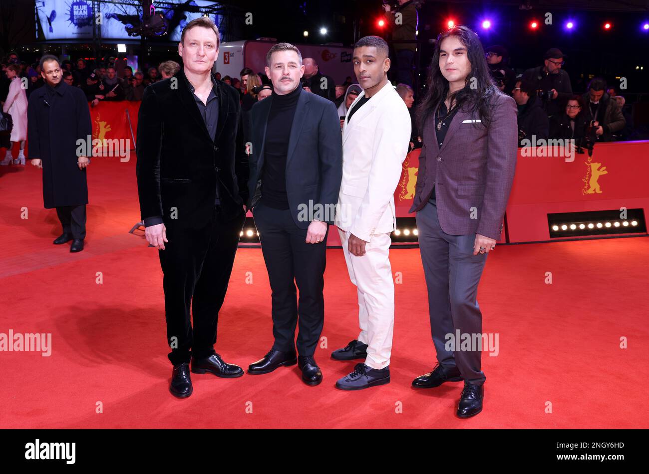 Berlin, Germany. 19th Feb, 2023. Oliver Masucci (l-r), Klaas Heufer-Umlauf,  Alexander Karim and Joshua Odjick on the red carpet for the series "Der  Schwarm. The 73rd International Film Festival runs until February