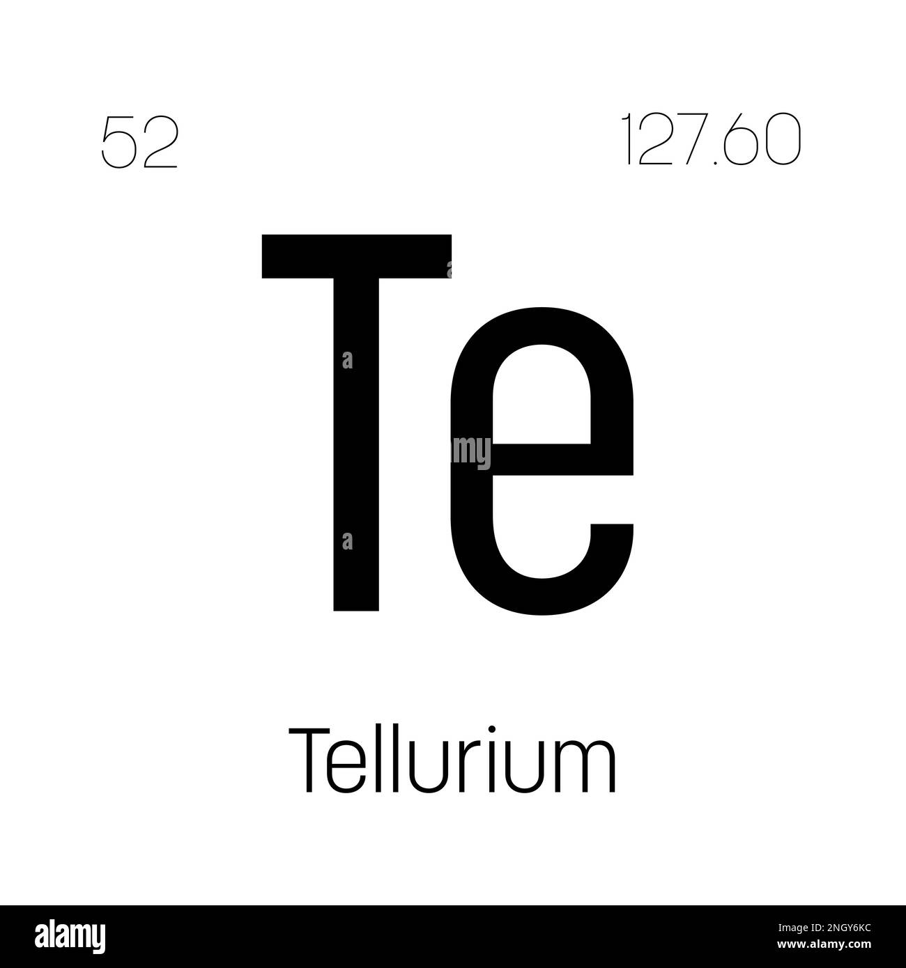 Tellurium, Te, periodic table element with name, symbol, atomic number and weight. Metalloid with various industrial uses, such as in certain types of glass, solar cells, and as a component in certain types of medication. Stock Vector