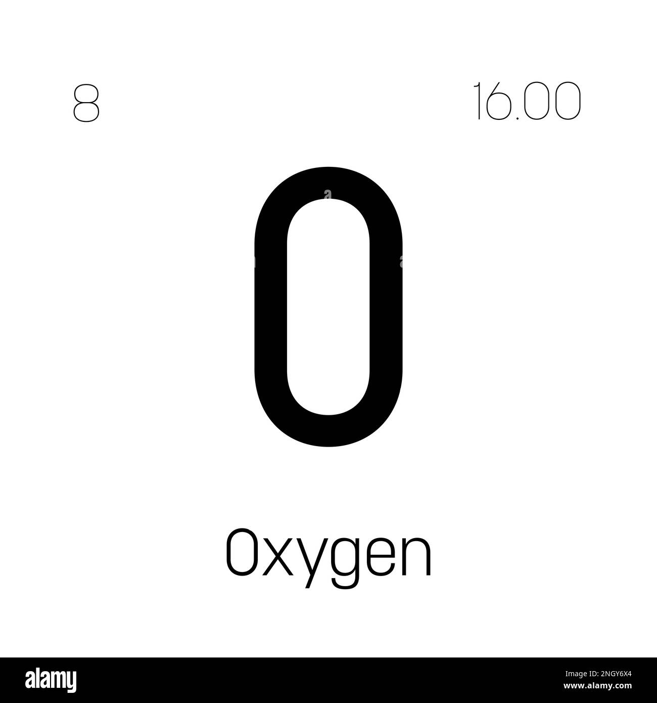 Oxygen, O, periodic table element with name, symbol, atomic number and