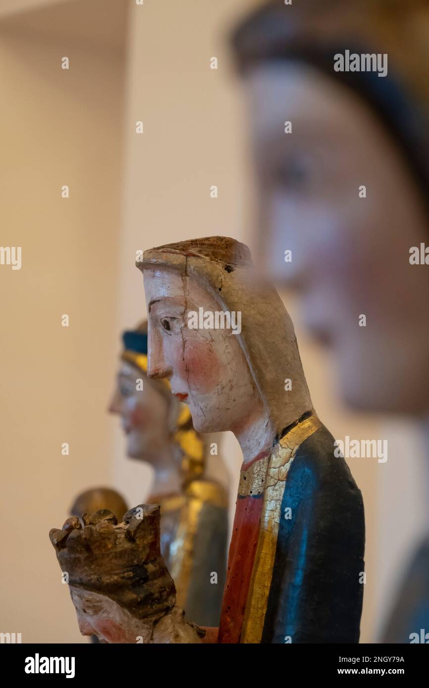 Three Polychrome figures of the Virgin and Child on display at El Museo de los Caminos in the Episcopal Palace in Astorga, Leon, Spain. The museum, al Stock Photo