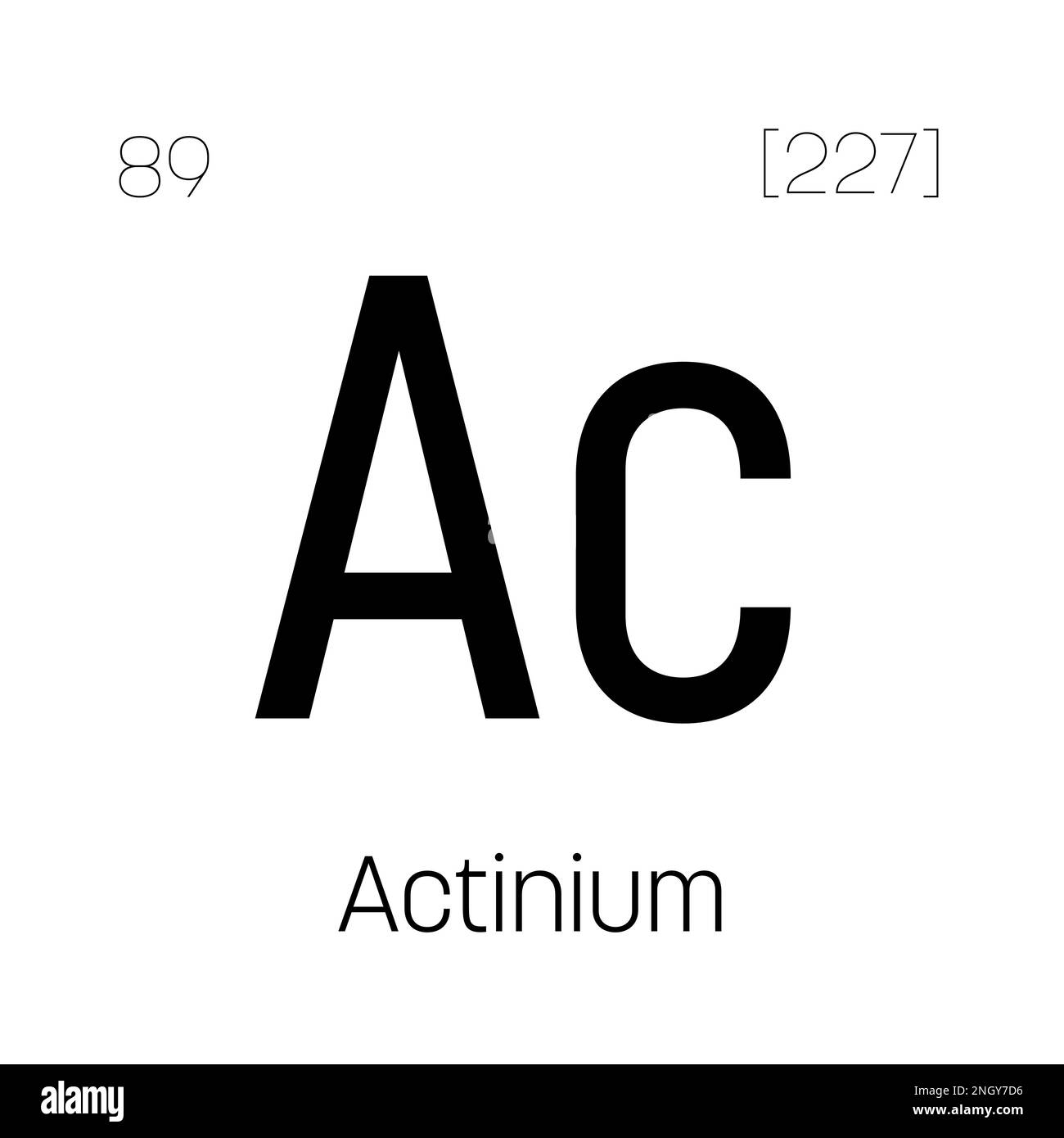 Actinium, Ac, periodic table element with name, symbol, atomic number and weight. Radioactive element with potential uses in cancer treatment and as a neutron source for scientific research. Stock Vector