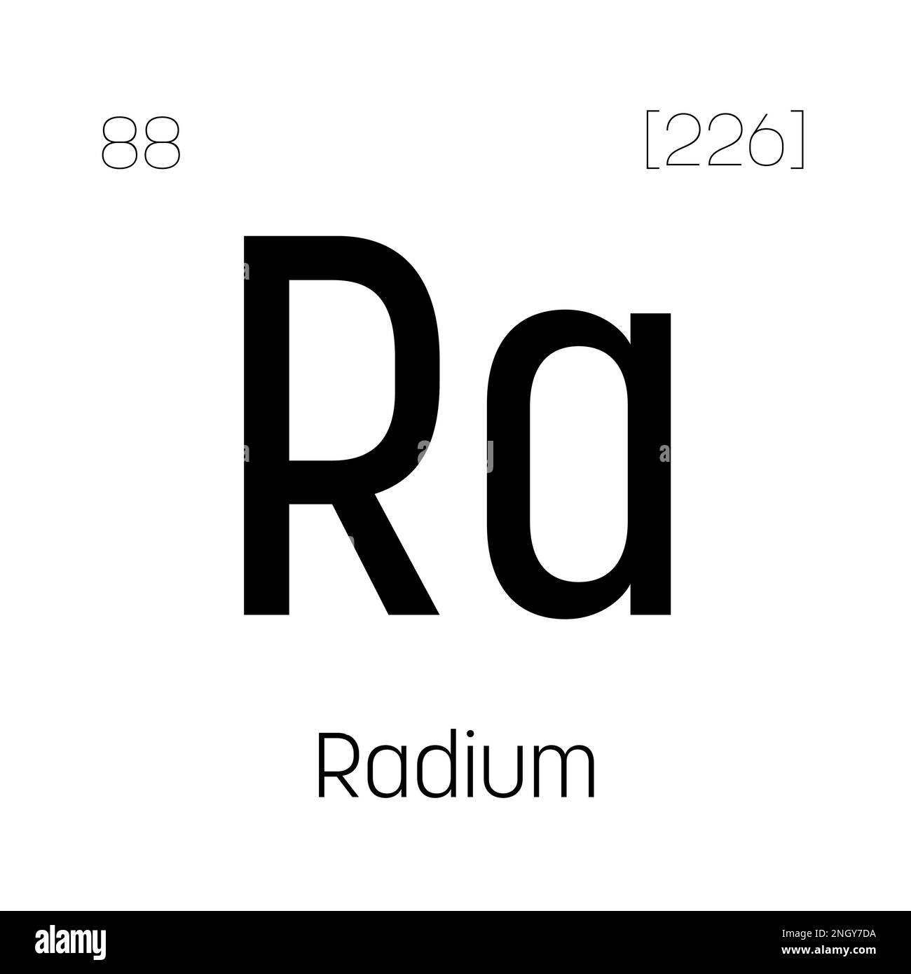 Radium, Ra, periodic table element with name, symbol, atomic number and weight. Alkaline earth metal with radioactive properties, formerly used in medical therapy and as a component of certain types of paint. Stock Vector