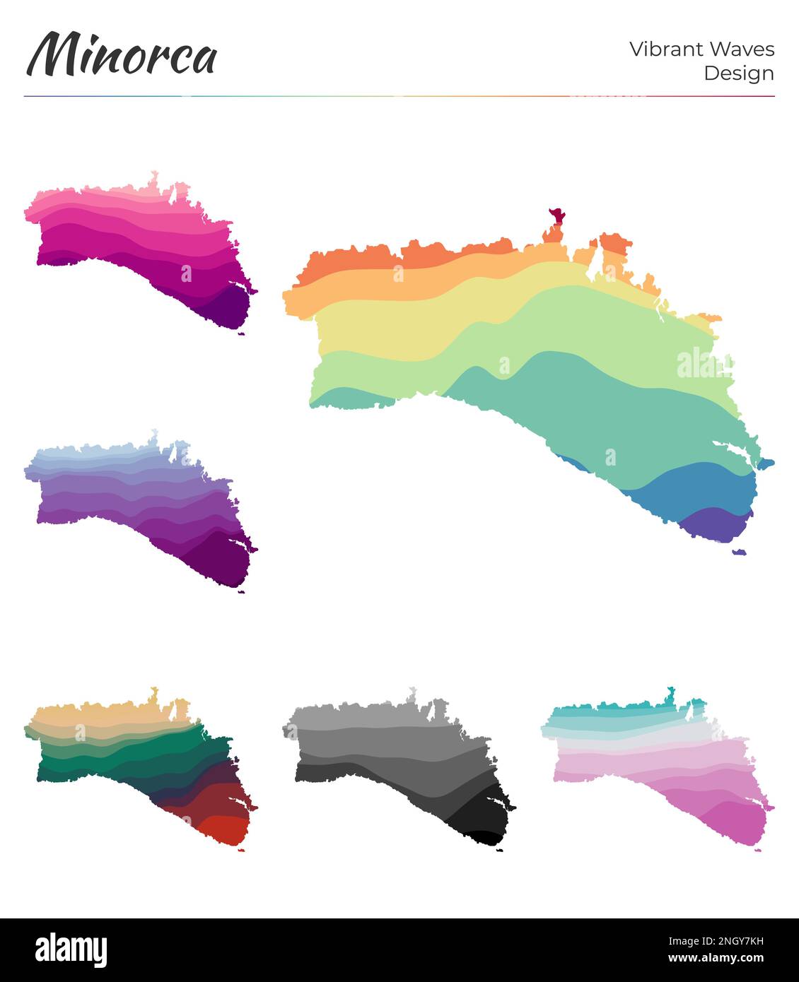 Set of vector maps of Minorca. Vibrant waves design. Bright map of ...