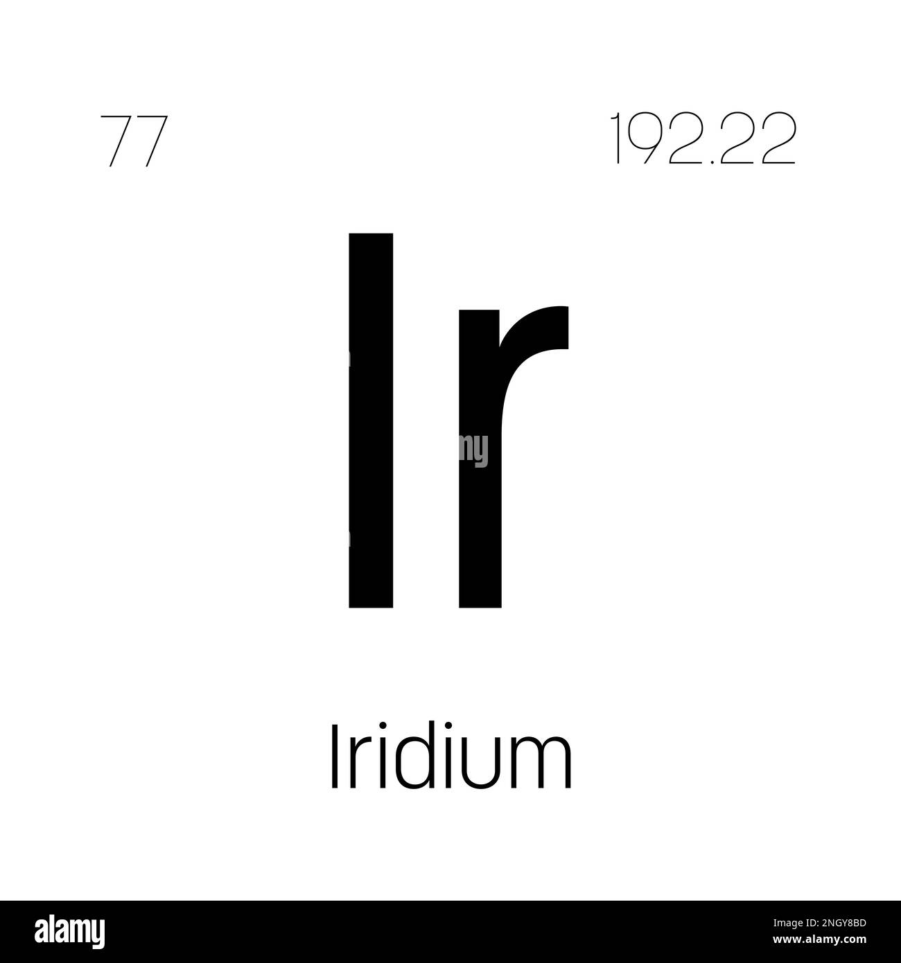 Iridium, Ir, periodic table element with name, symbol, atomic number and weight. Transition metal with various industrial uses, such as in spark plugs, electronics, and as a component of certain alloys. Stock Vector