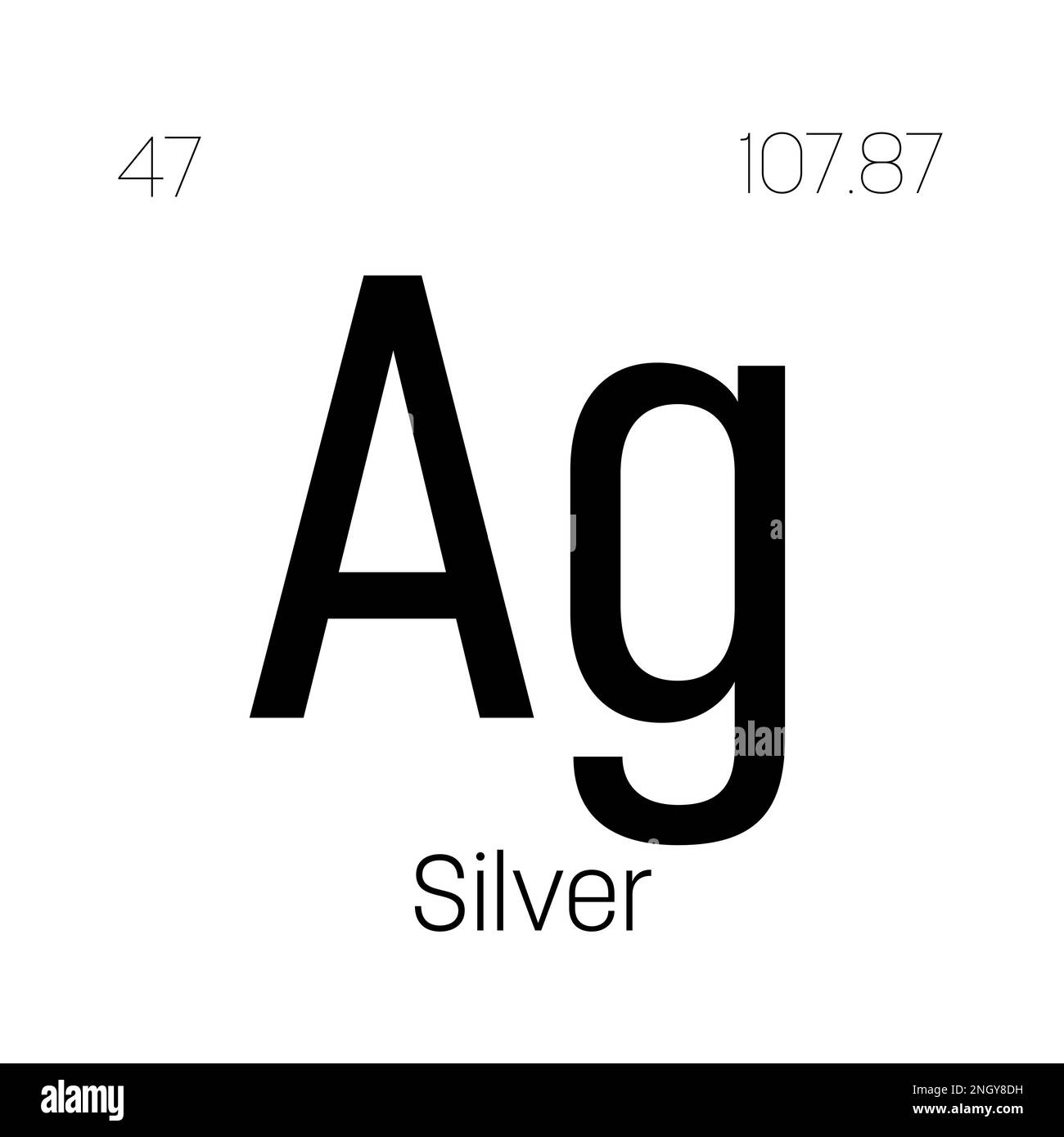 Silver, Ag, periodic table element with name, symbol, atomic number and weight. Transition metal with various industrial uses, such as in jewelry, coins, and as a component in certain types of medical devices. Stock Vector