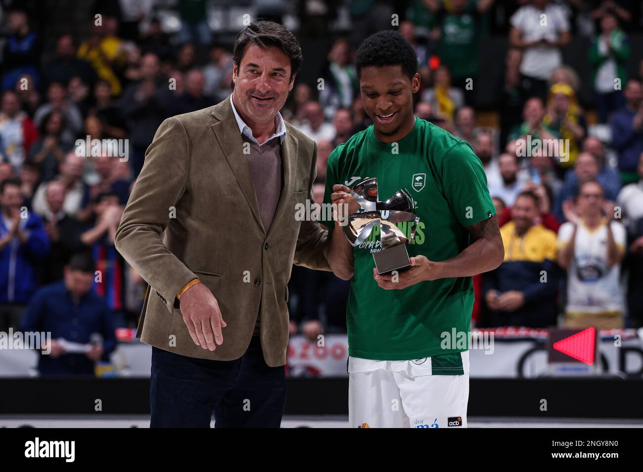 Tyson Carter of Unicaja Malaga recives MVP Trophy during the ACB Copa Del Rey Badalona 2023 final match between Lenovo Tenerife and Unicaja de Malaga at Palau Municipal Esports de Badalona in Barcelona, Spain. (credit: David Ramirez / Dax Images) Stock Photo