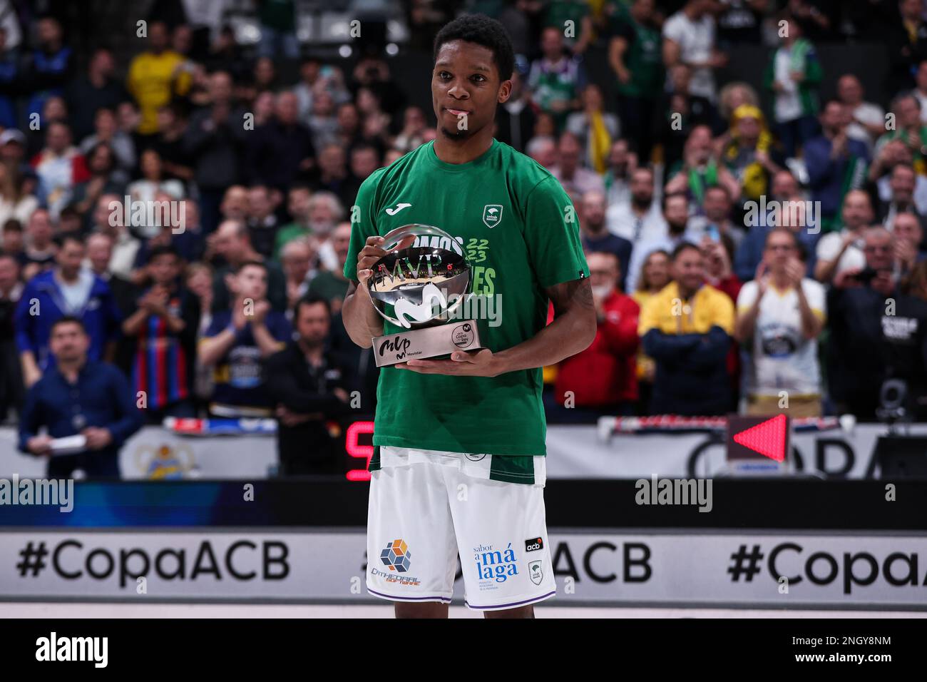 Tyson Carter of Unicaja Malaga recives MVP Trophy during the ACB Copa Del Rey Badalona 2023 final match between Lenovo Tenerife and Unicaja de Malaga at Palau Municipal Esports de Badalona in Barcelona, Spain. (credit: David Ramirez / Dax Images) Stock Photo