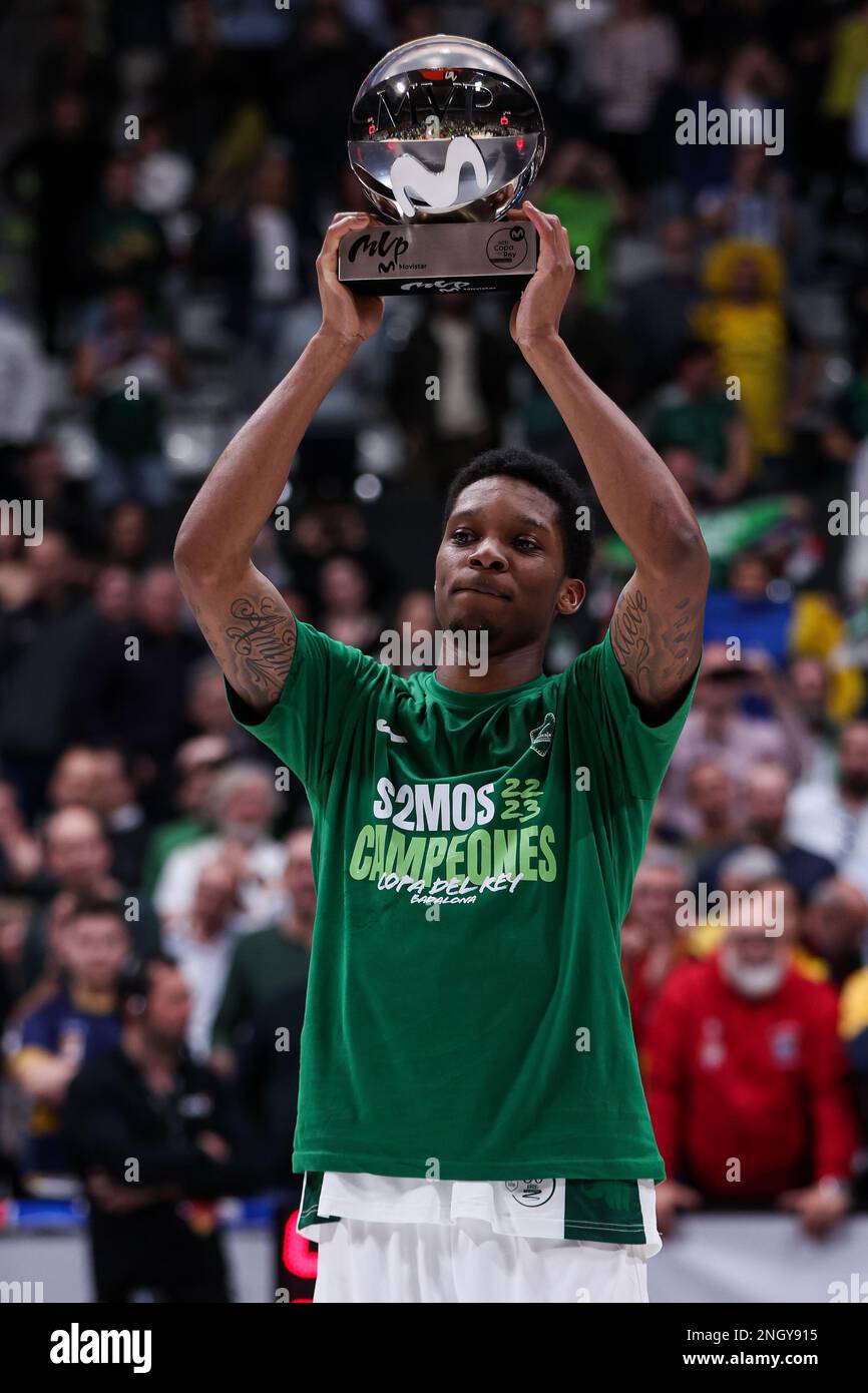 Tyson Carter of Unicaja Malaga recives MVP Trophy during the ACB Copa Del Rey Badalona 2023 final match between Lenovo Tenerife and Unicaja de Malaga at Palau Municipal Esports de Badalona in Barcelona, Spain. (credit: David Ramirez / Dax Images) Stock Photo