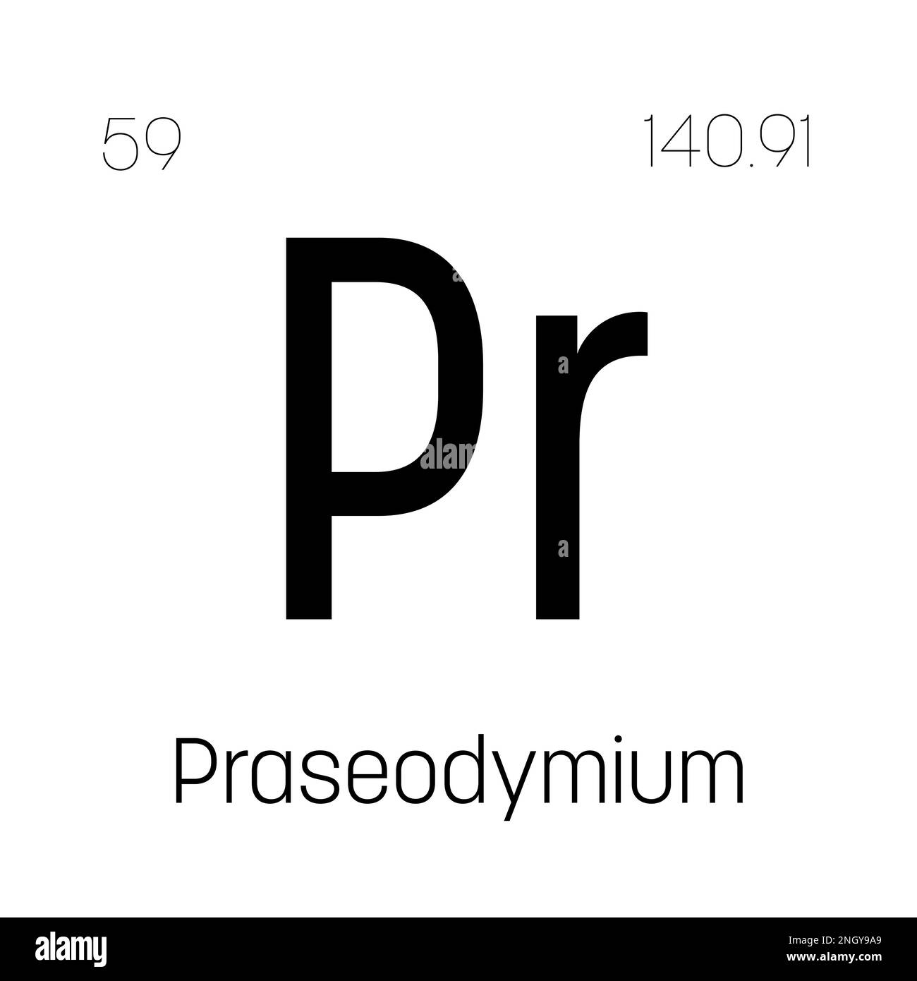 Praseodymium, Pr, periodic table element with name, symbol, atomic number and weight. Rare earth metal with various industrial uses, such as in magnets, lasers, and as a component in certain types of glass. Stock Vector