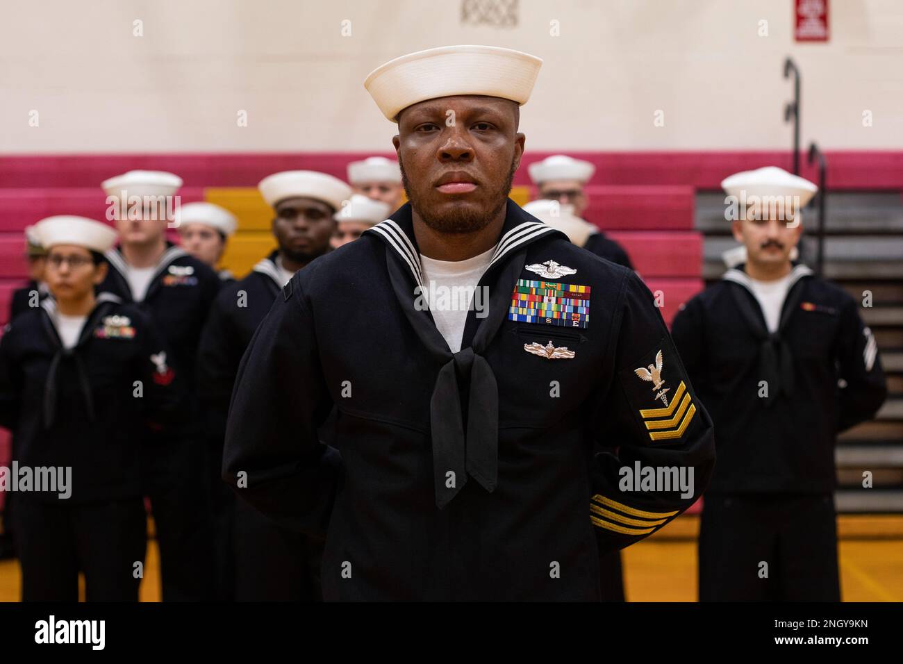 U.S. Navy Sailors with Bravo Surgical Company, 3d Medical Battalion, prepare to be inspected during a service dress blue uniform inspection, Marine Corps Base Hawaii, Dec. 1, 2022. Bravo Surgical Company conducts U.S. Navy Sailors with Bravo Surgical Company, 3d Medical Battalion, prepare to be inspected during a service dress blue uniform inspection, Marine Corps Base Hawaii, Dec. 1, 2022. Bravo Surgical Company conducts