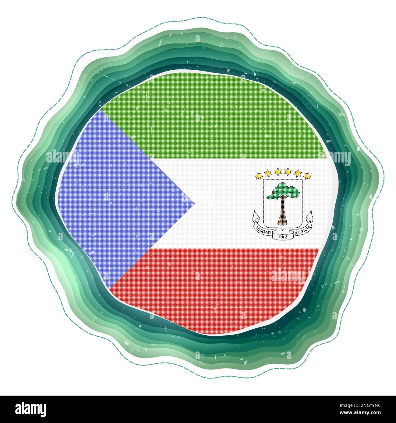 Equatorial Guinea flag in frame. Badge of the country. Layered circular sign around Equatorial Guinea flag. Stylish vector illustration. Stock Vector