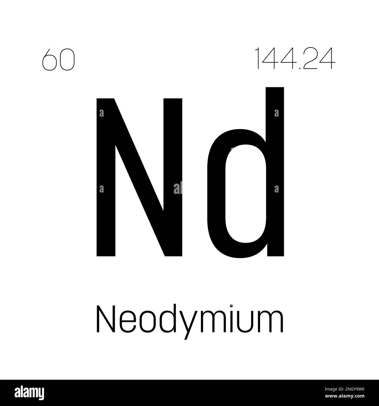 Neodymium, Nd, periodic table element with name, symbol, atomic number and weight. Rare earth metal with various industrial uses, such as in magnets, lasers, and as a component in certain types of glass. Stock Vector