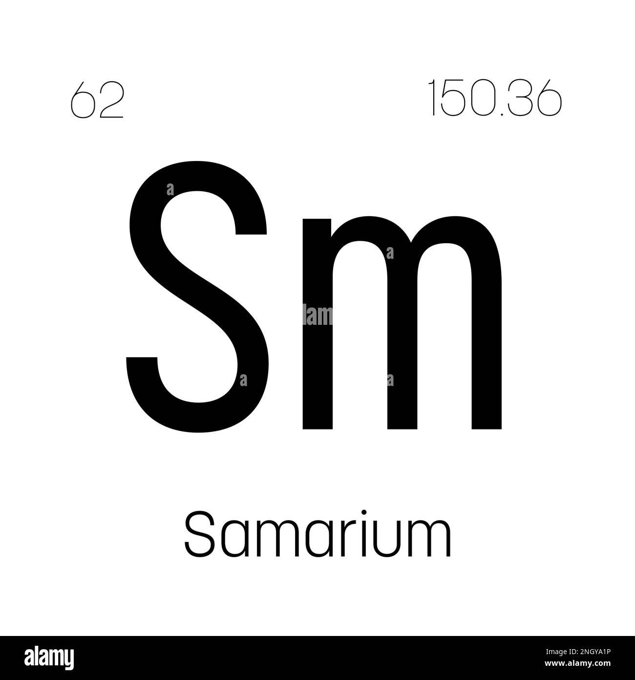 Samarium, Sm, periodic table element with name, symbol, atomic number and weight. Rare earth metal with various industrial uses, such as in magnets, lighting, and as a component in certain types of glass. Stock Vector