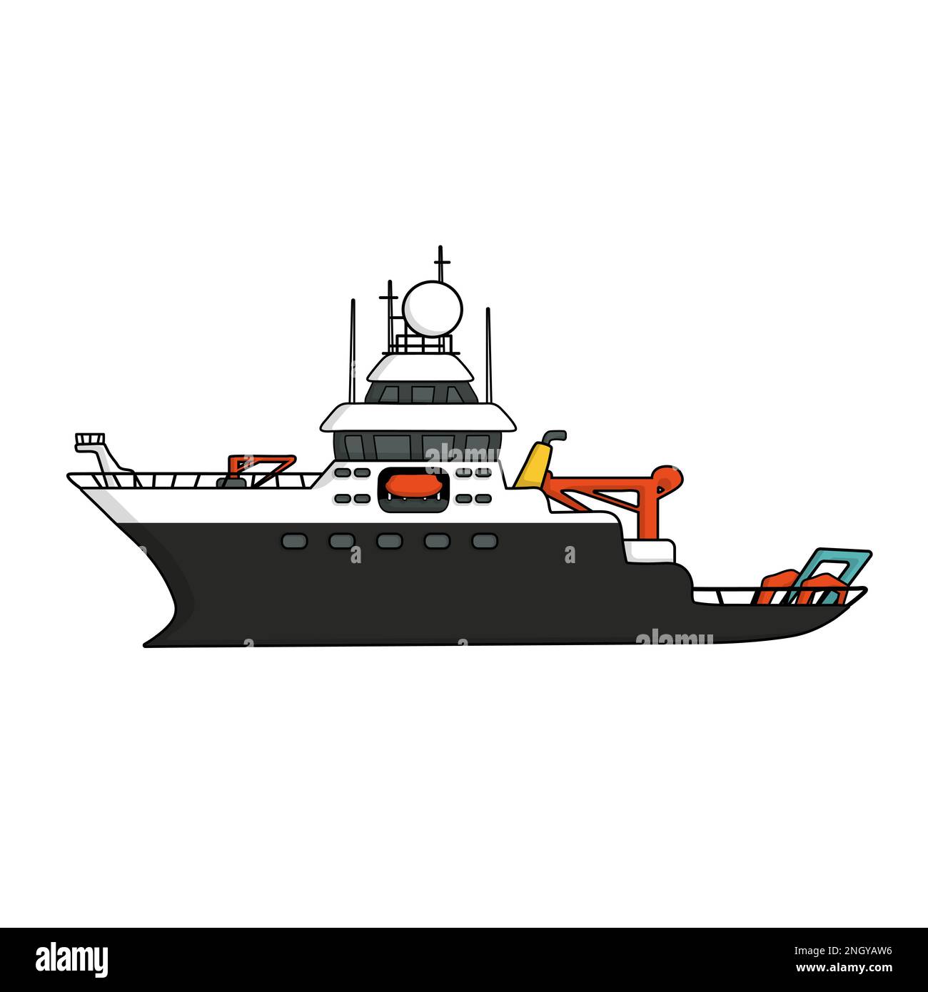 Black white research vessel, vector hand drawn isolated illustration, deep sea expedition ship on white background Stock Vector